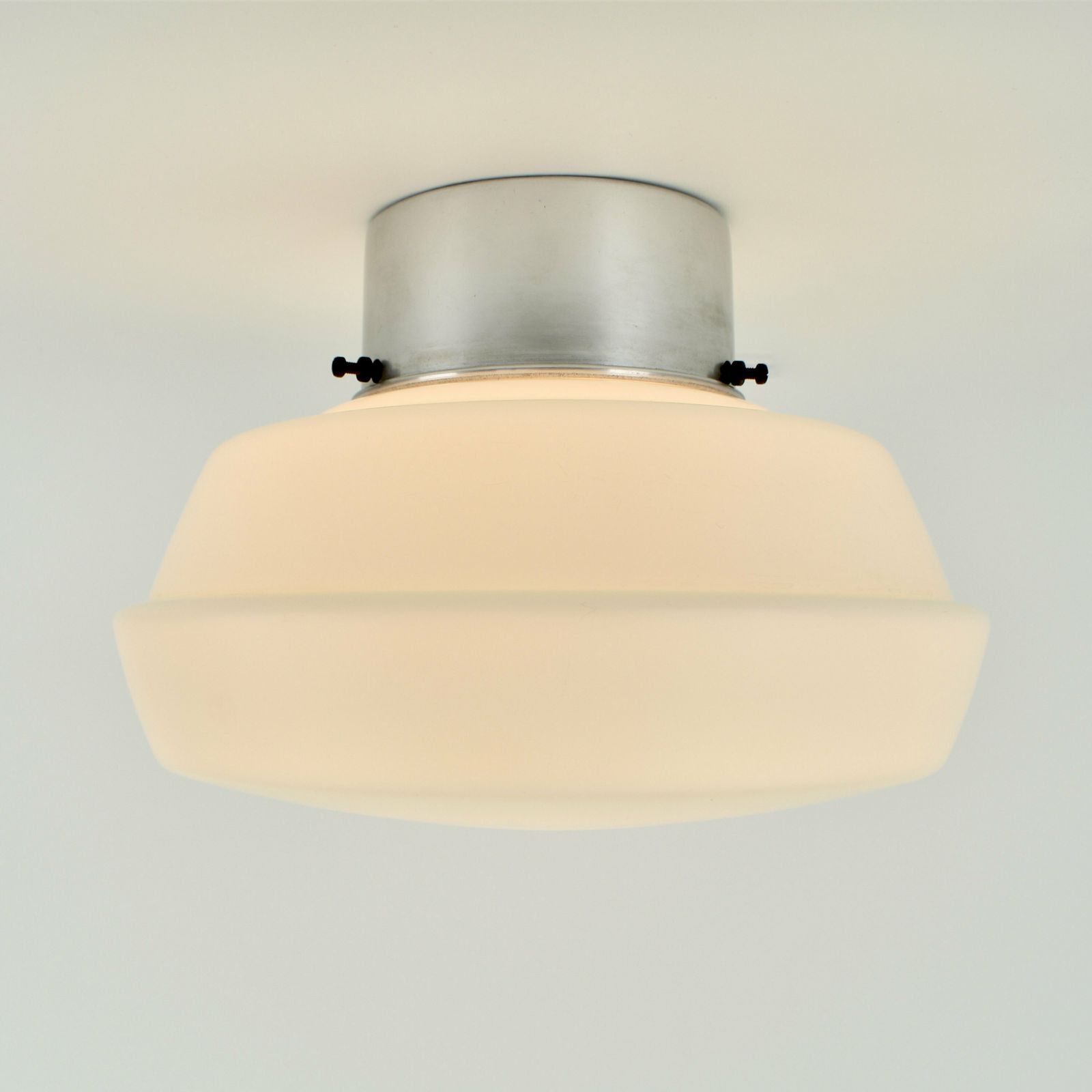 Art Deco Flush Mount Bauhaus Ceiling Light Mid Century Modern | White Satined Glass Aluminum Bathroom Lamp Modernist Minimalist 1930s 1950s photo 238.0