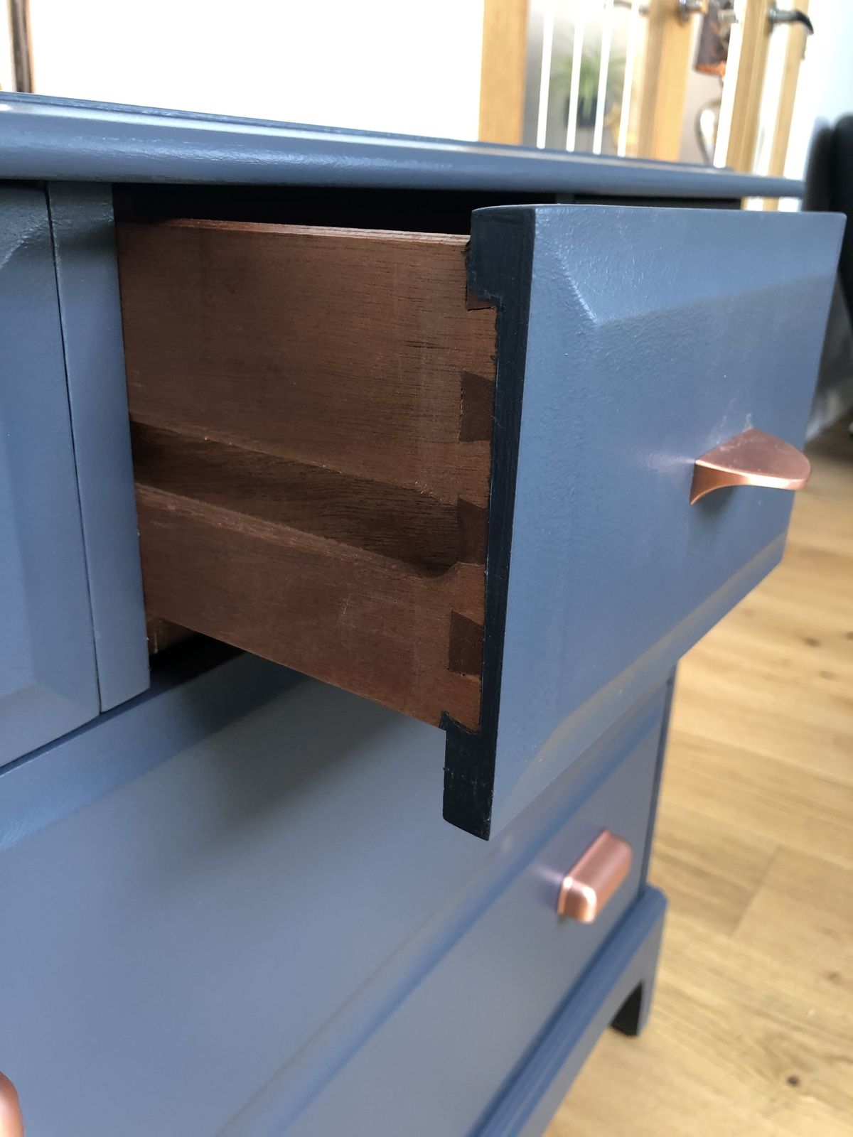 photo furniture Stag Chest Of Drawers Painted In Blue With Copper Cup Handles