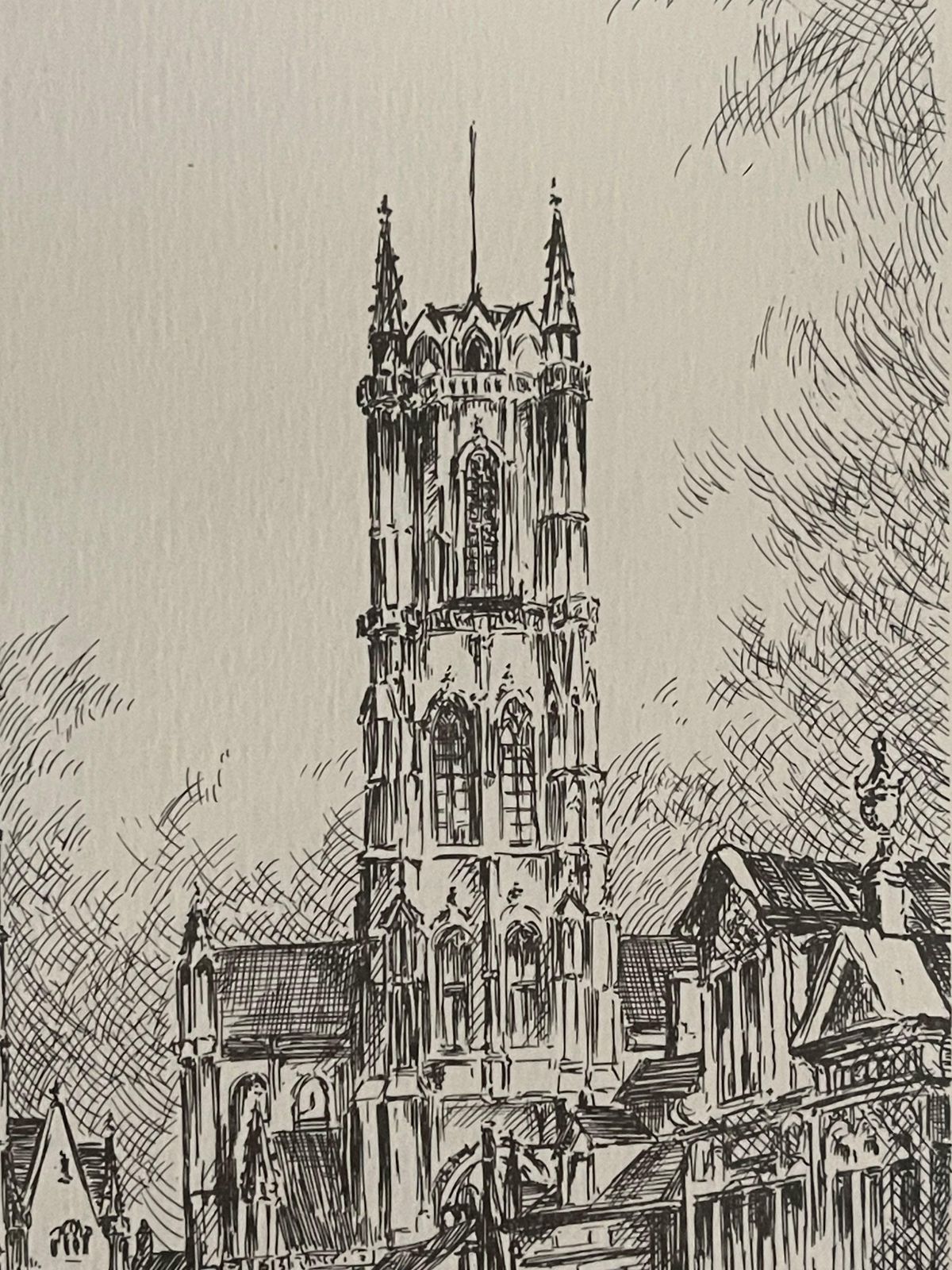 photo for sale Antique Church Drawing, Lovely Wall Decoration Painting Signed Frans Vanderveken