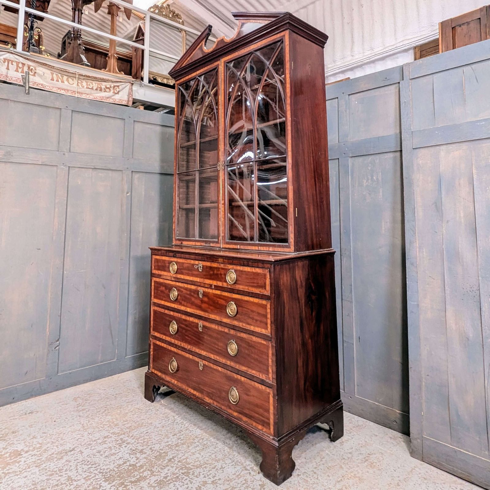 Elegant Late Georgian Glazed Satinwood Banded Mahogany Bookcase On Chest With Bracket Feet