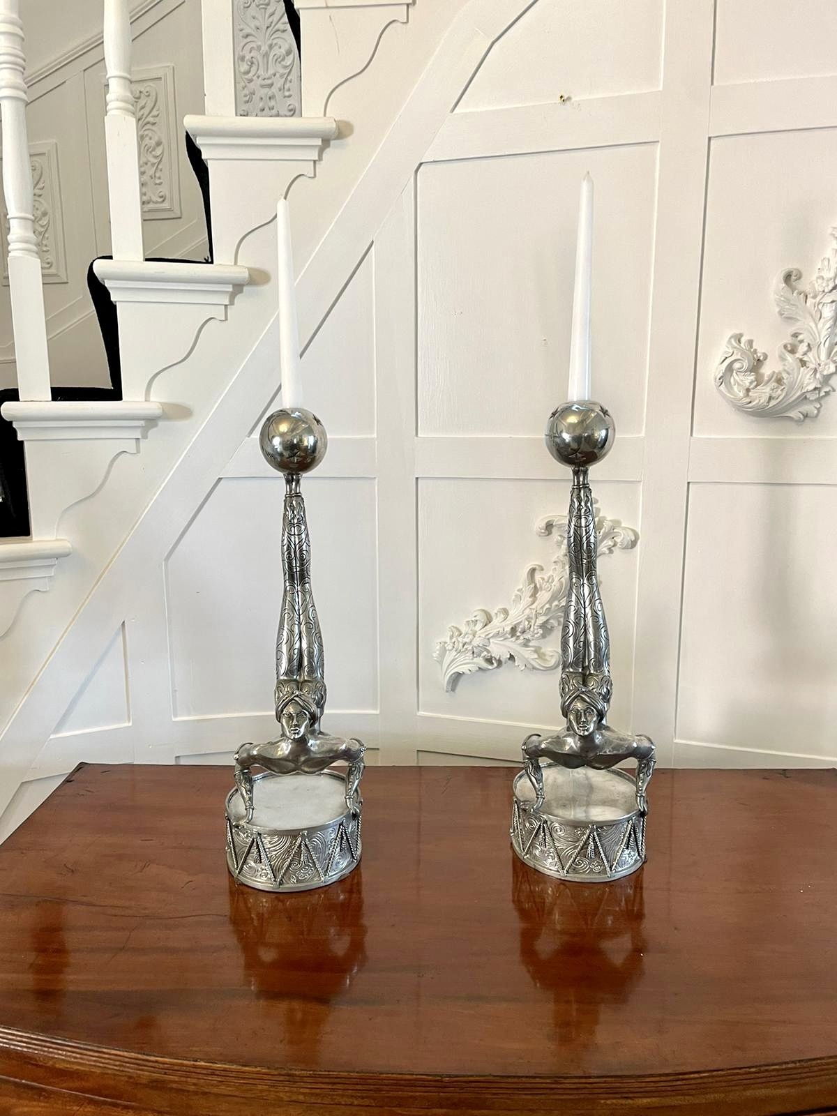Unusual Pair Of Antique Quality 20th Century Silver Plated Candlesticks photo furniture