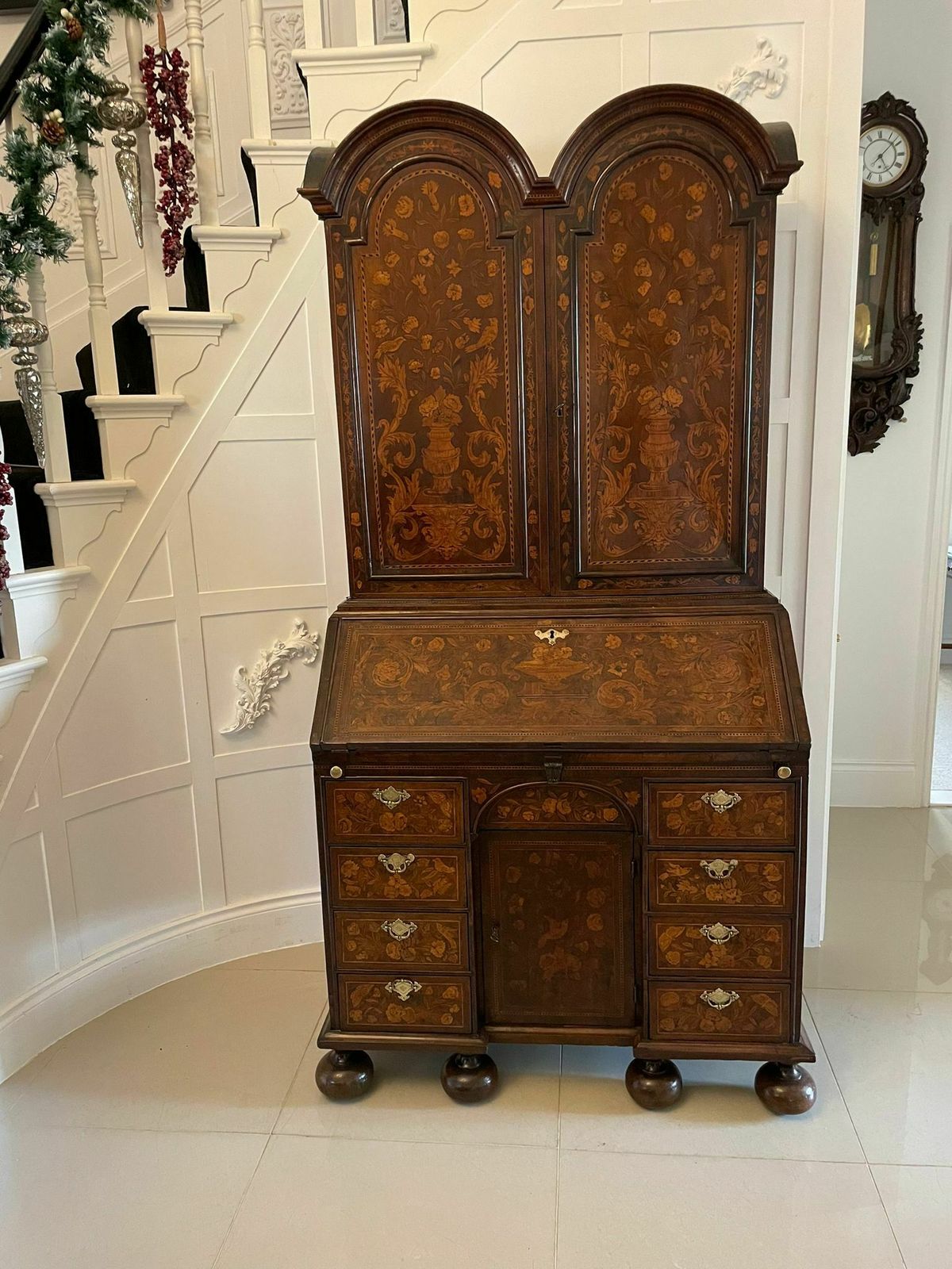 Antique William And Mary Outstanding Quality Burr Walnut Inlaid Marquetry Double Dome Bookcase photo vintage