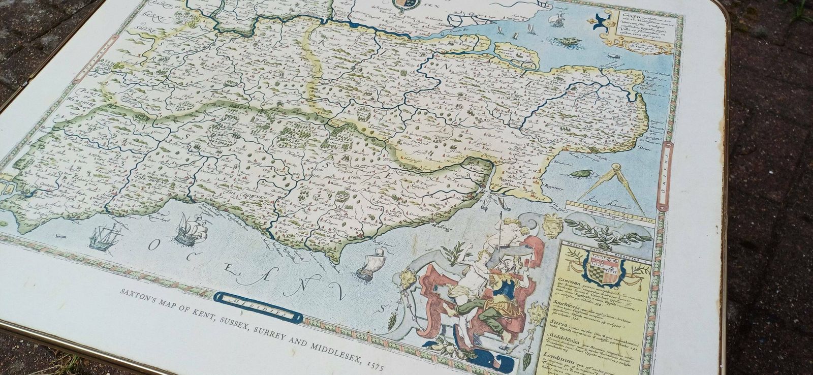 photo furniture Vintage Retro Caxton Map 60s Coffee Table Saxton’s Map Of Kent, Sussex, Surrey And Middlesex, 1575.