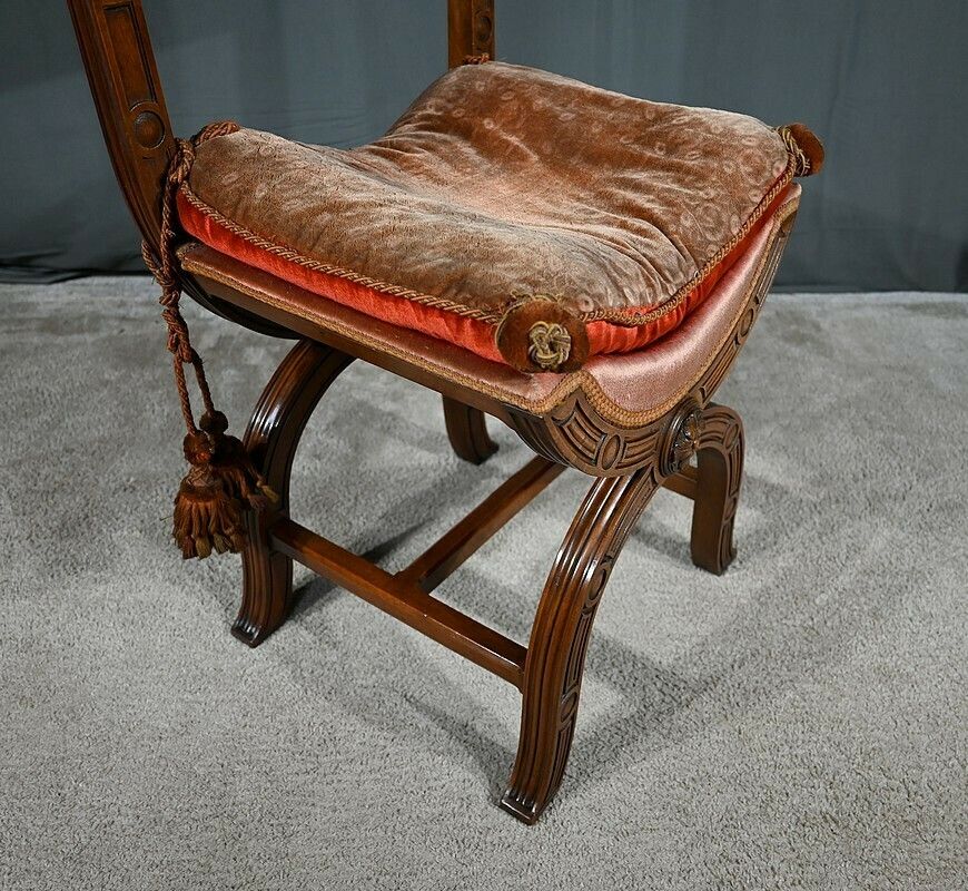 photo for sale Curule Chair In Solid Walnut, Renaissance Style – Late 19th Century