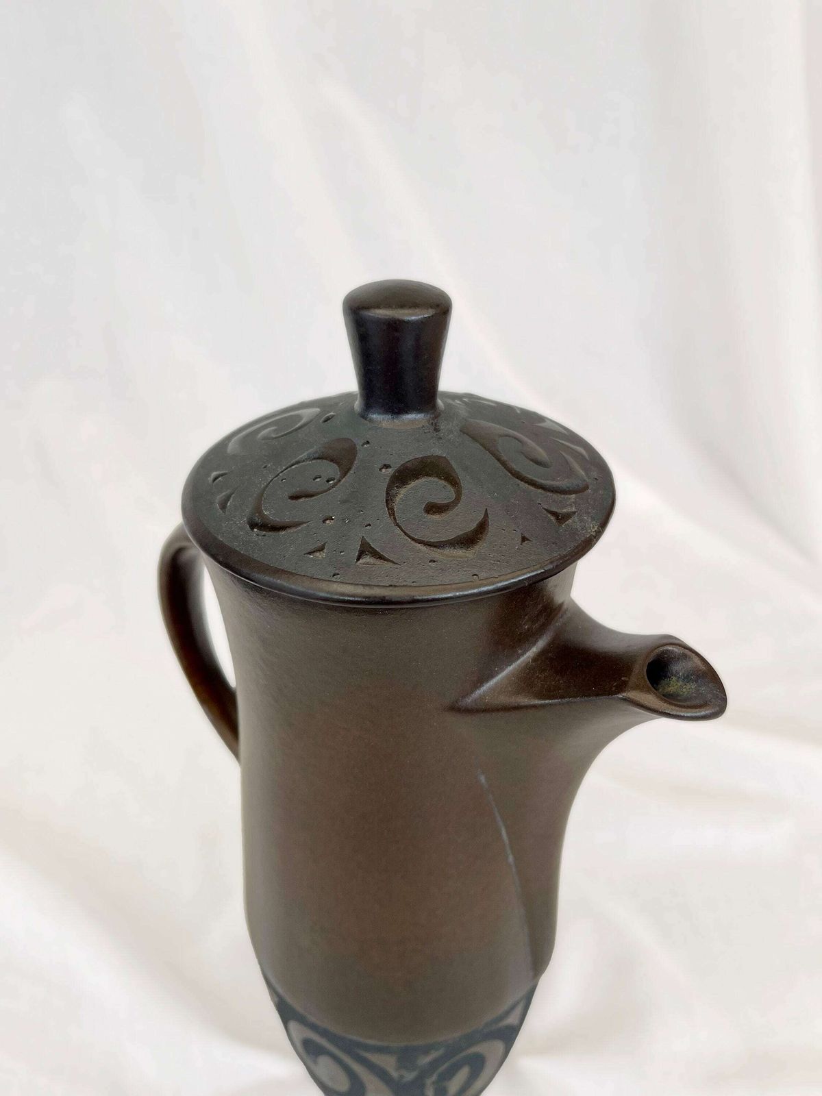 Dark Brown Matt And Shine 1970's Vintage Coffee Pot, Creamer And Four Cups And Saucers With Retro Pattern. Mid Century Ceramics photo vintage