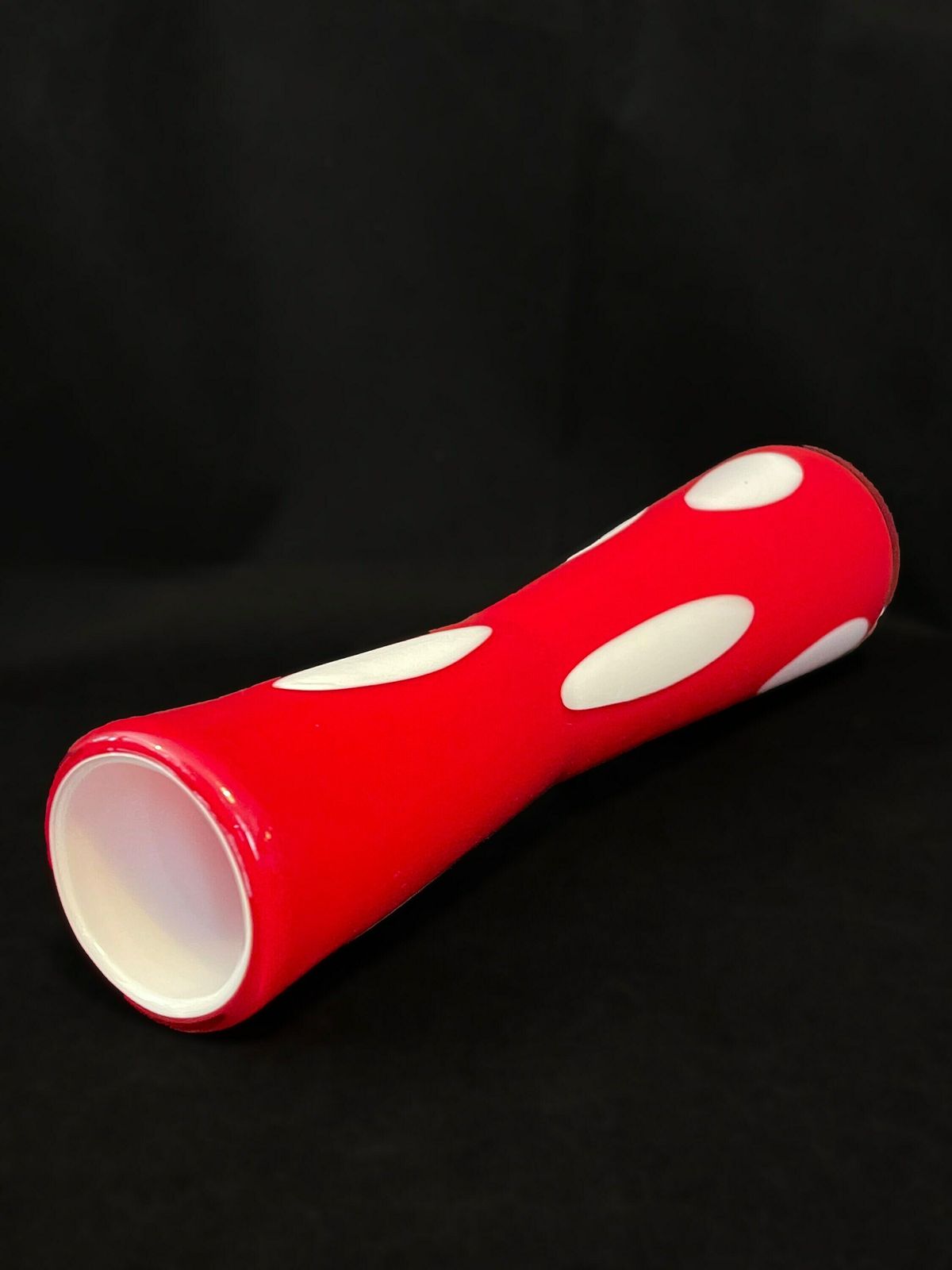 Statement Mid Century Modern Art Glass Vase, Red Cased Glass With Opaline Interior And Pendant Shaped Spots To Exterior photo furniture