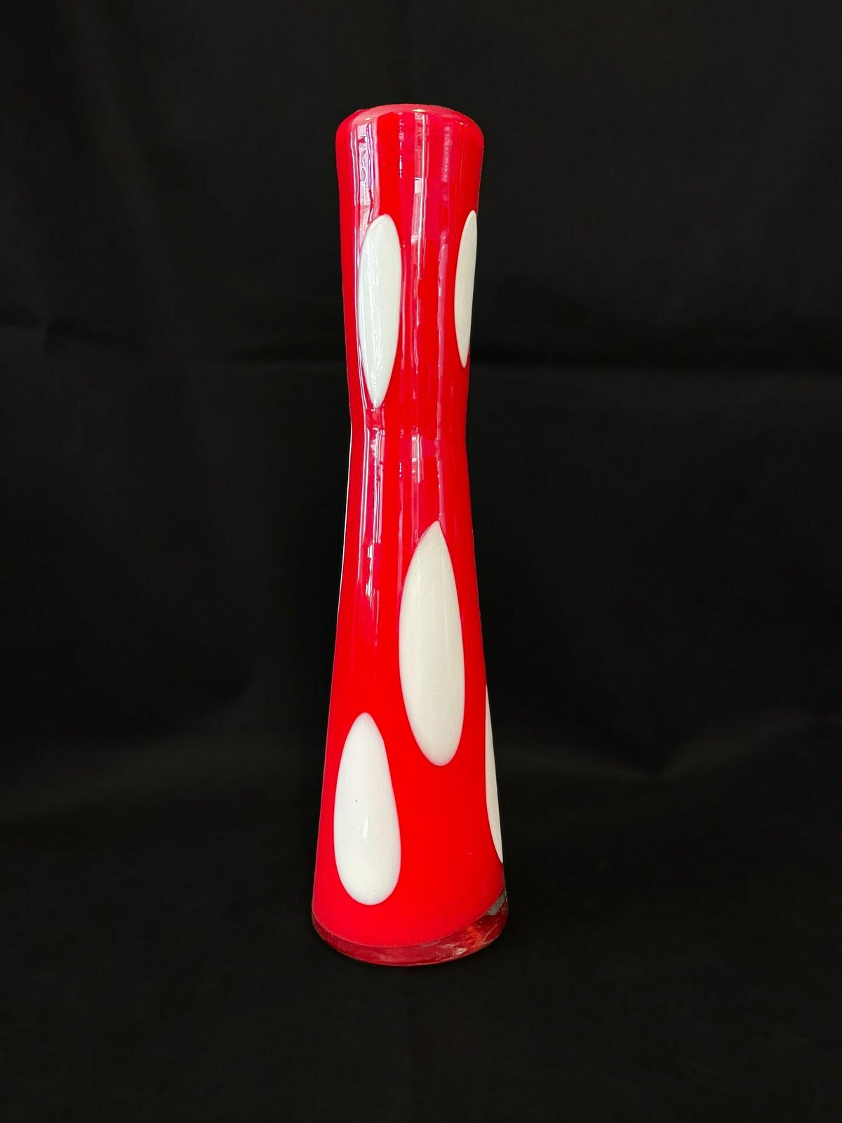 Statement Mid Century Modern Art Glass Vase, Red Cased Glass With Opaline Interior And Pendant Shaped Spots To Exterior photo for sale