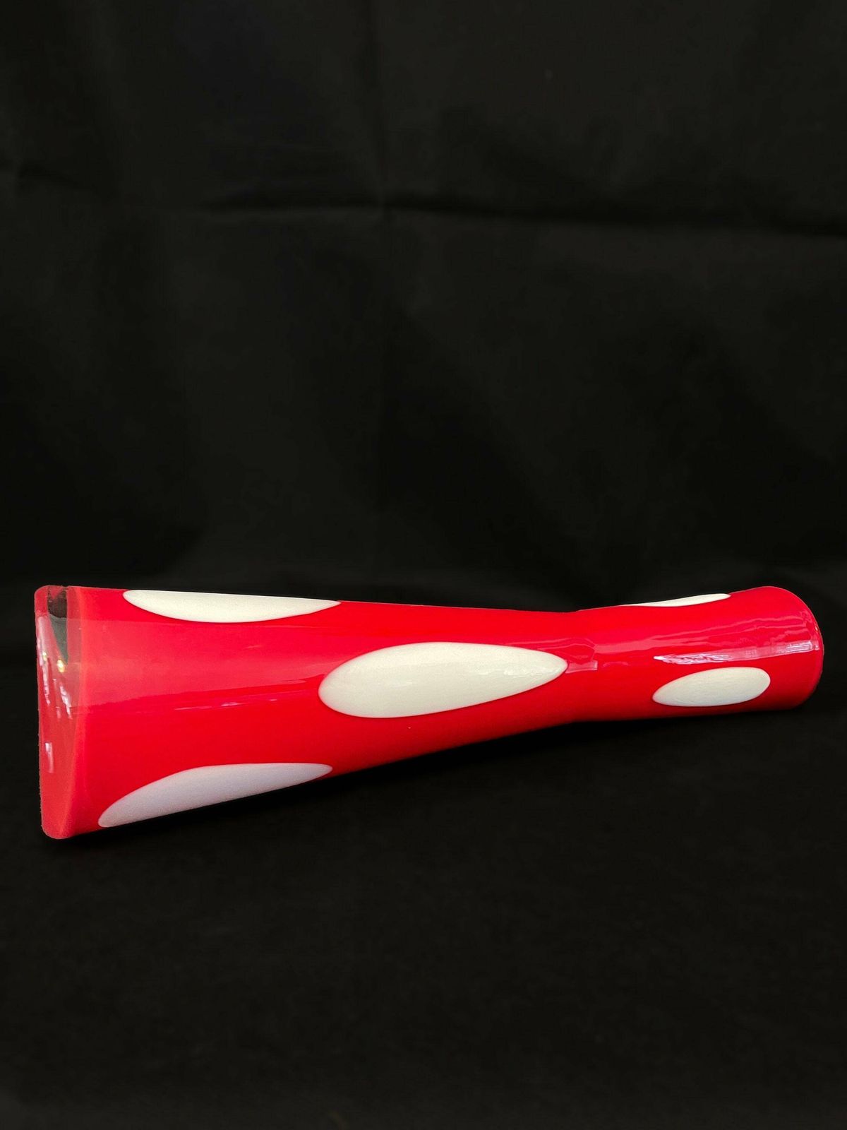 Statement Mid Century Modern Art Glass Vase, Red Cased Glass With Opaline Interior And Pendant Shaped Spots To Exterior photo Home Decor