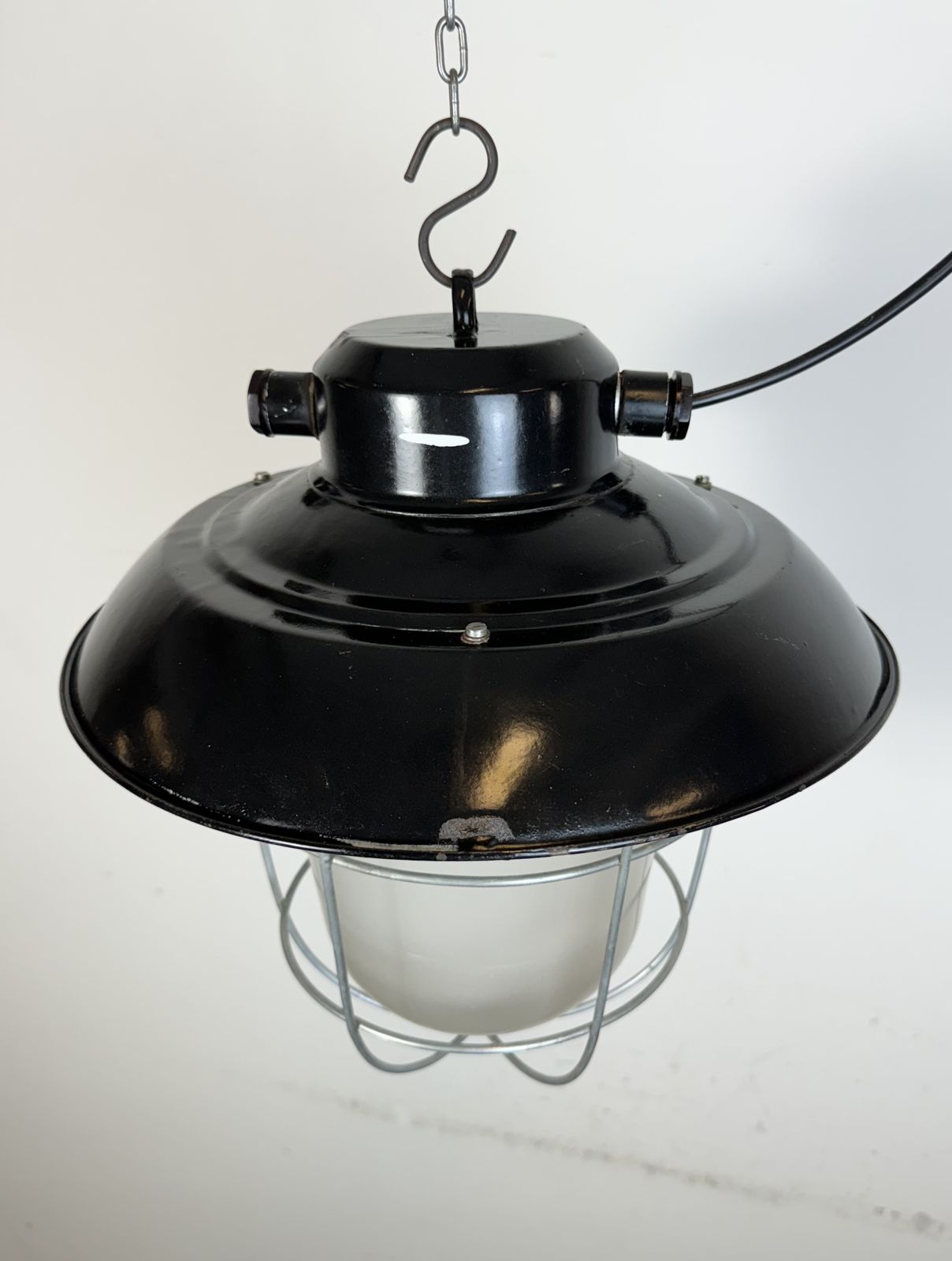 photo for sale Industrial Black Enamel Factory Hanging Lamp, 1960s, 13x