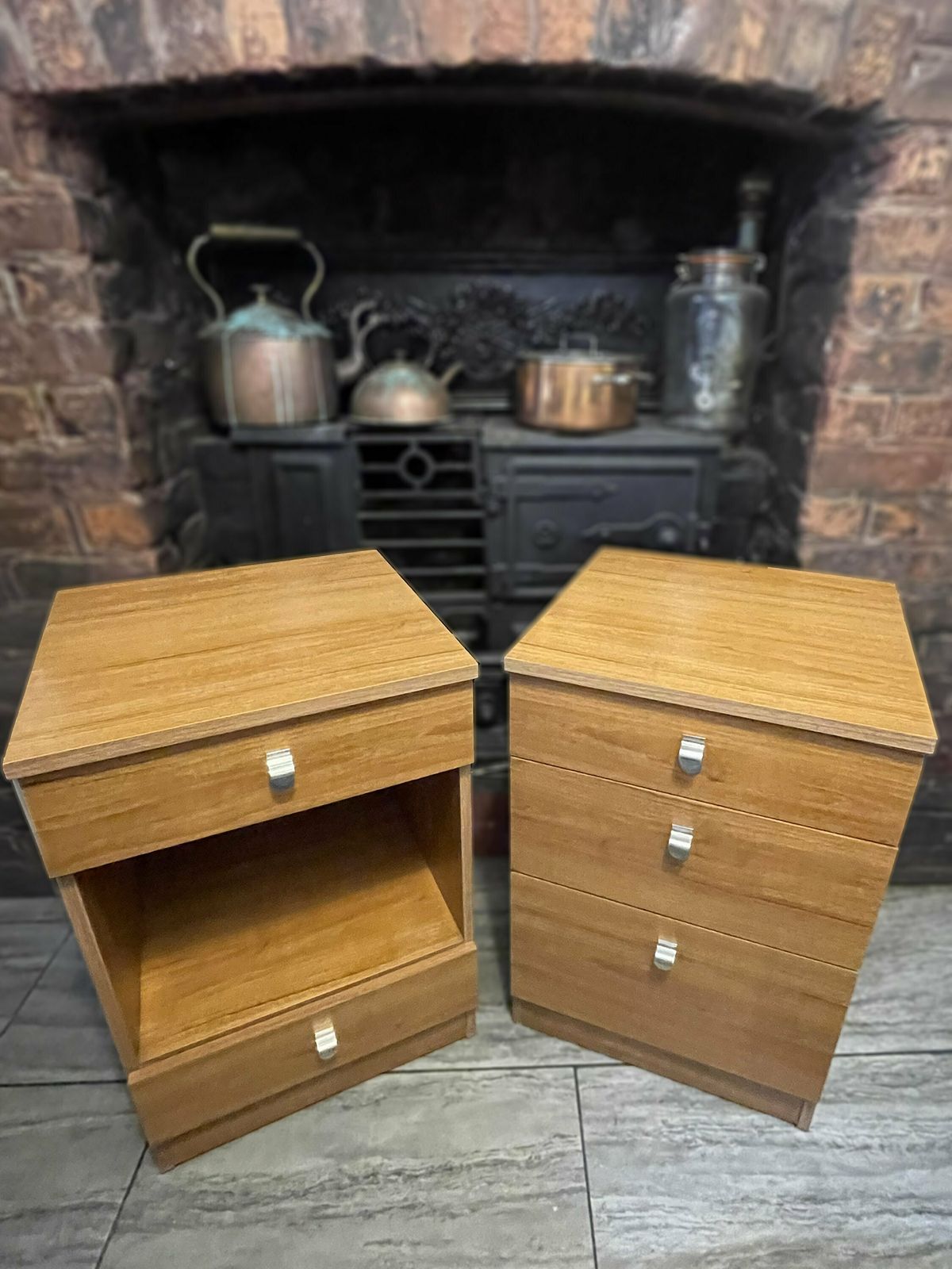 Vintage Schrieber Bedside Cabinets X 2 Retro Teak Vener With Brass Mid Century Handles. Vgc Circa 1970