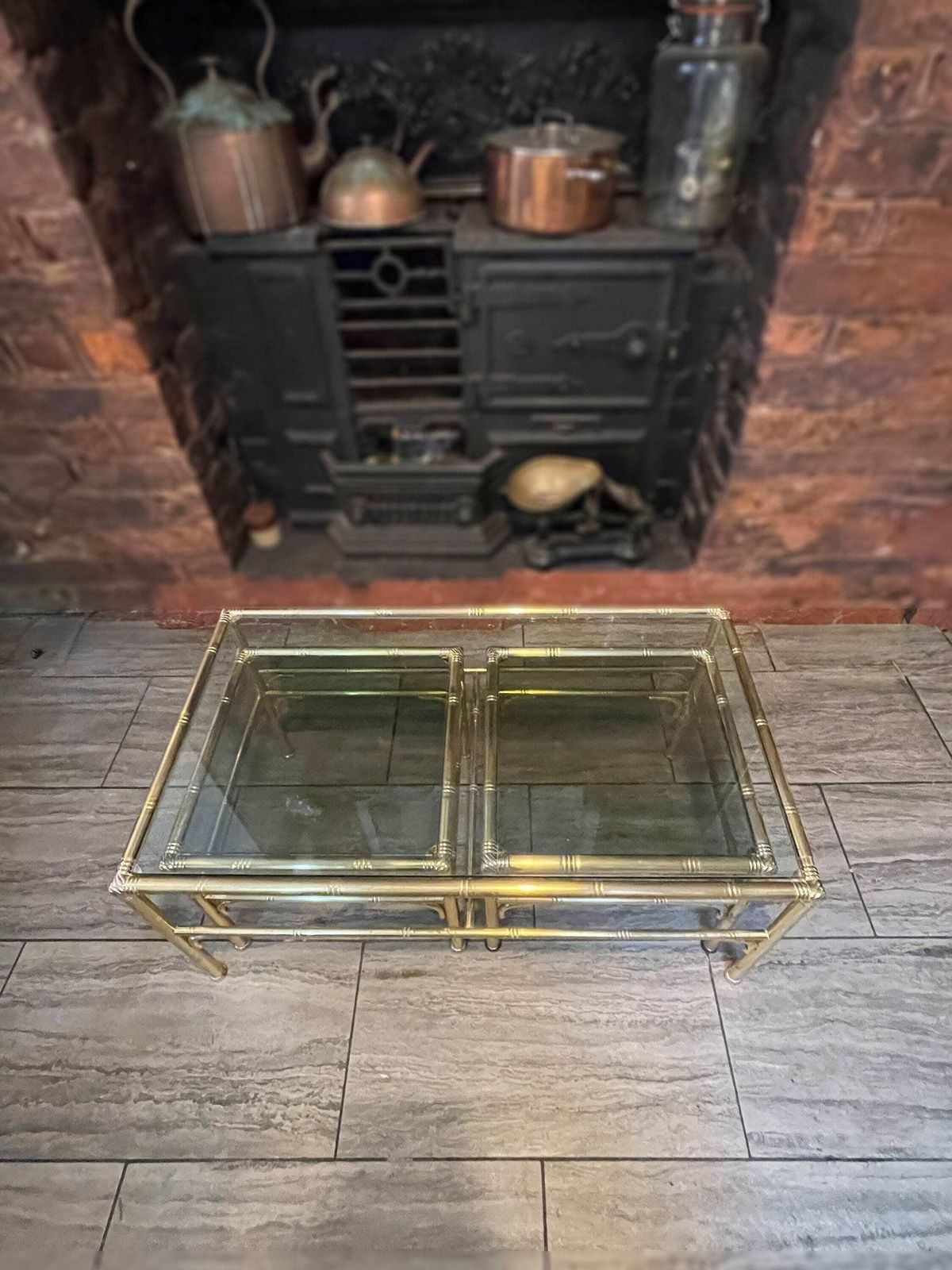 Mid Century Gold Metal Faux Bamboo Coffee Table With 2 Side Tables Sliding Either Side By Chelsom Uk Designs, 1980’s