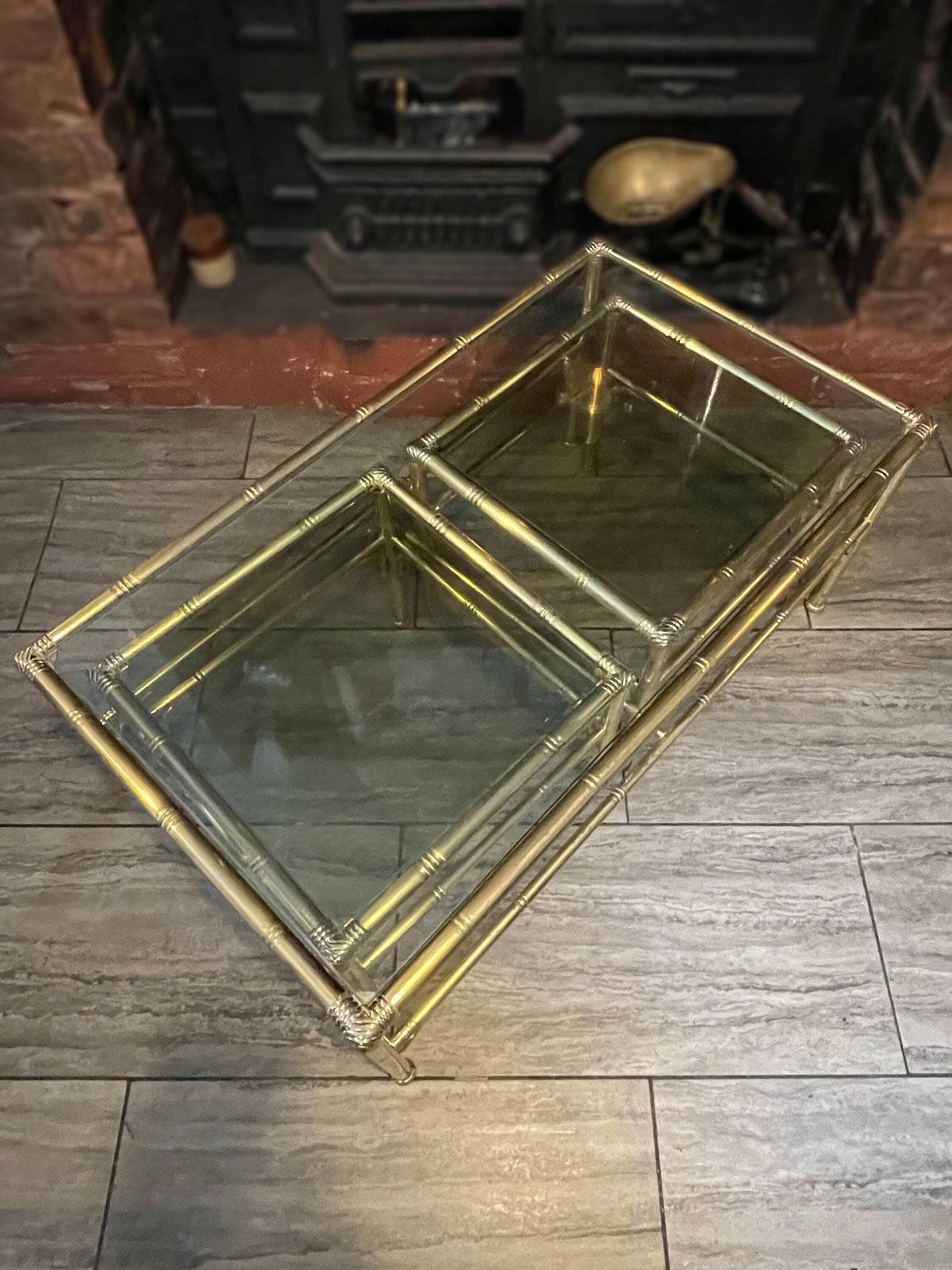 Mid Century Gold Metal Faux Bamboo Coffee Table With 2 Side Tables Sliding Either Side By Chelsom Uk Designs, 1980’s photo buy