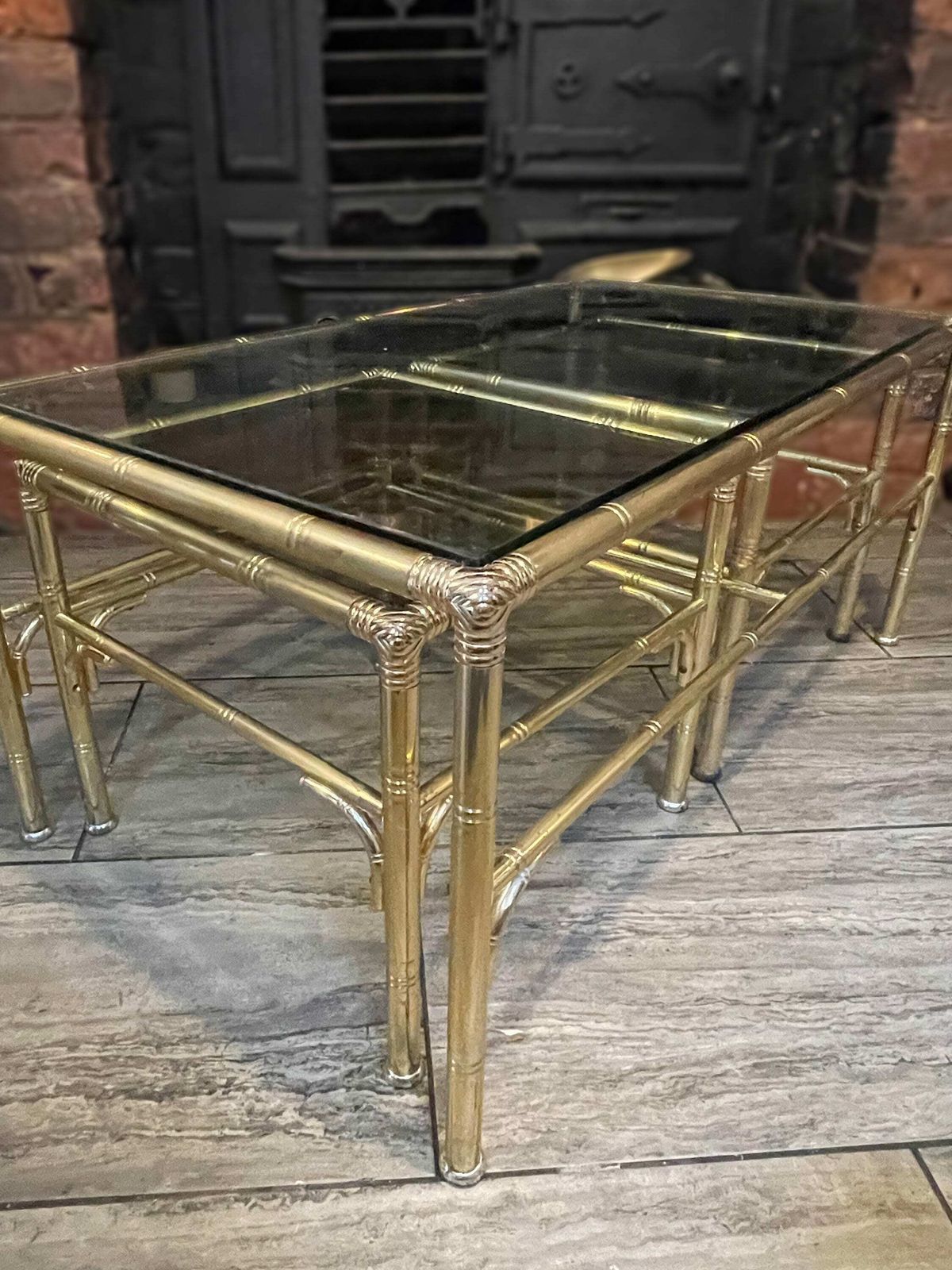 Mid Century Gold Metal Faux Bamboo Coffee Table With 2 Side Tables Sliding Either Side By Chelsom Uk Designs, 1980’s photo vintage