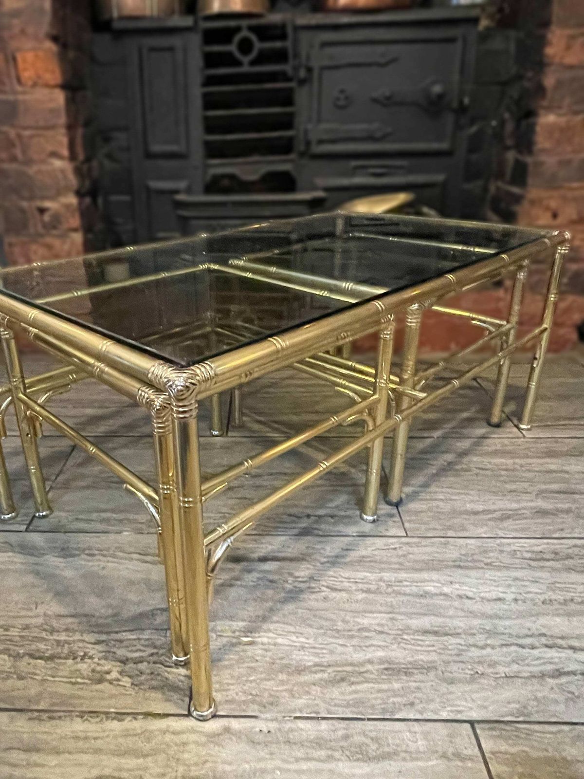 photo furniture Mid Century Gold Metal Faux Bamboo Coffee Table With 2 Side Tables Sliding Either Side By Chelsom Uk Designs, 1980’s
