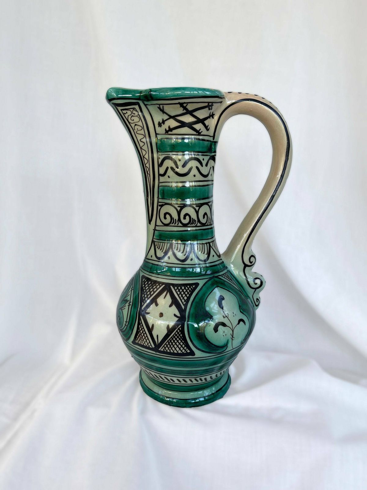 Large Vintage Earthenware Siglo XIII Paterna Jug Pitcher With Green Black Geometric Motif photo Home Decor