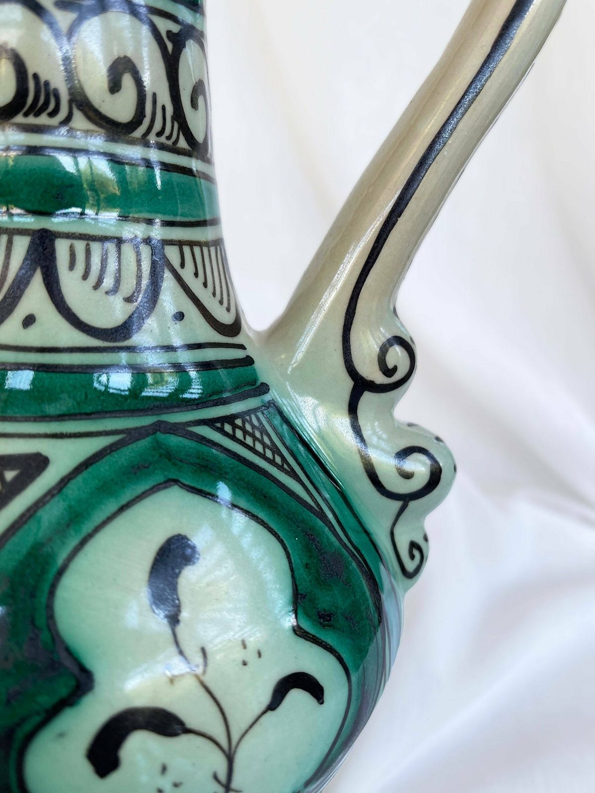 Large Vintage Earthenware Siglo XIII Paterna Jug Pitcher With Green Black Geometric Motif photo vintage
