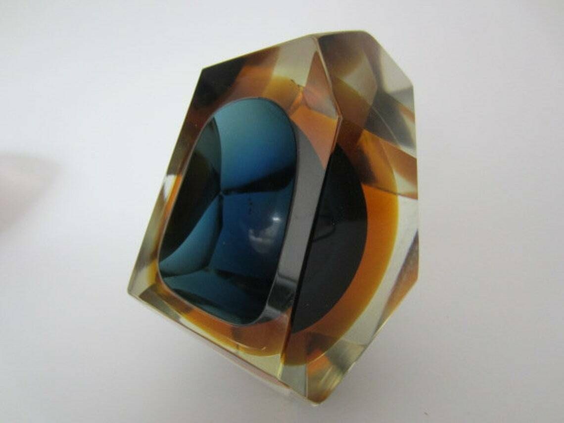 photo furniture Murano Crystal Glass Sommerso Faceted Sculptural Bowl By Flavio Poli, 1960s,