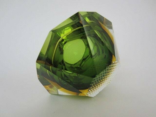 Murano Sommerso Green And Amber Mandruzzato 6 Facet Cut Geometric Art Glass Bowl photo vinterior