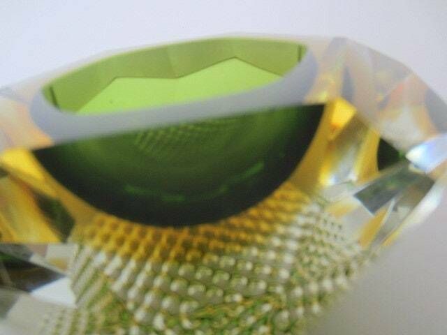 Murano Sommerso Green And Amber Mandruzzato 6 Facet Cut Geometric Art Glass Bowl photo buy