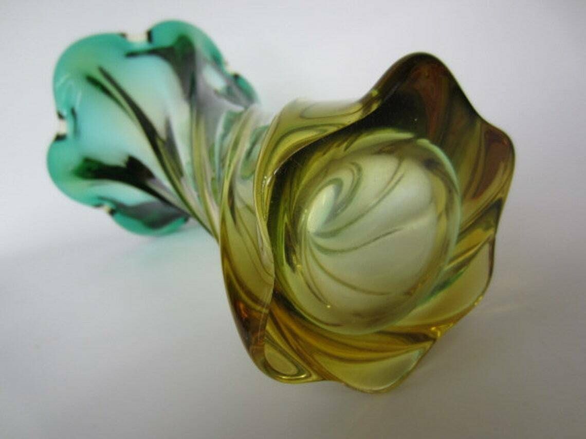 Murano Twisted Poli Seguso Era Green And Golden Ombre Hand Made Art Glass Vase photo buy