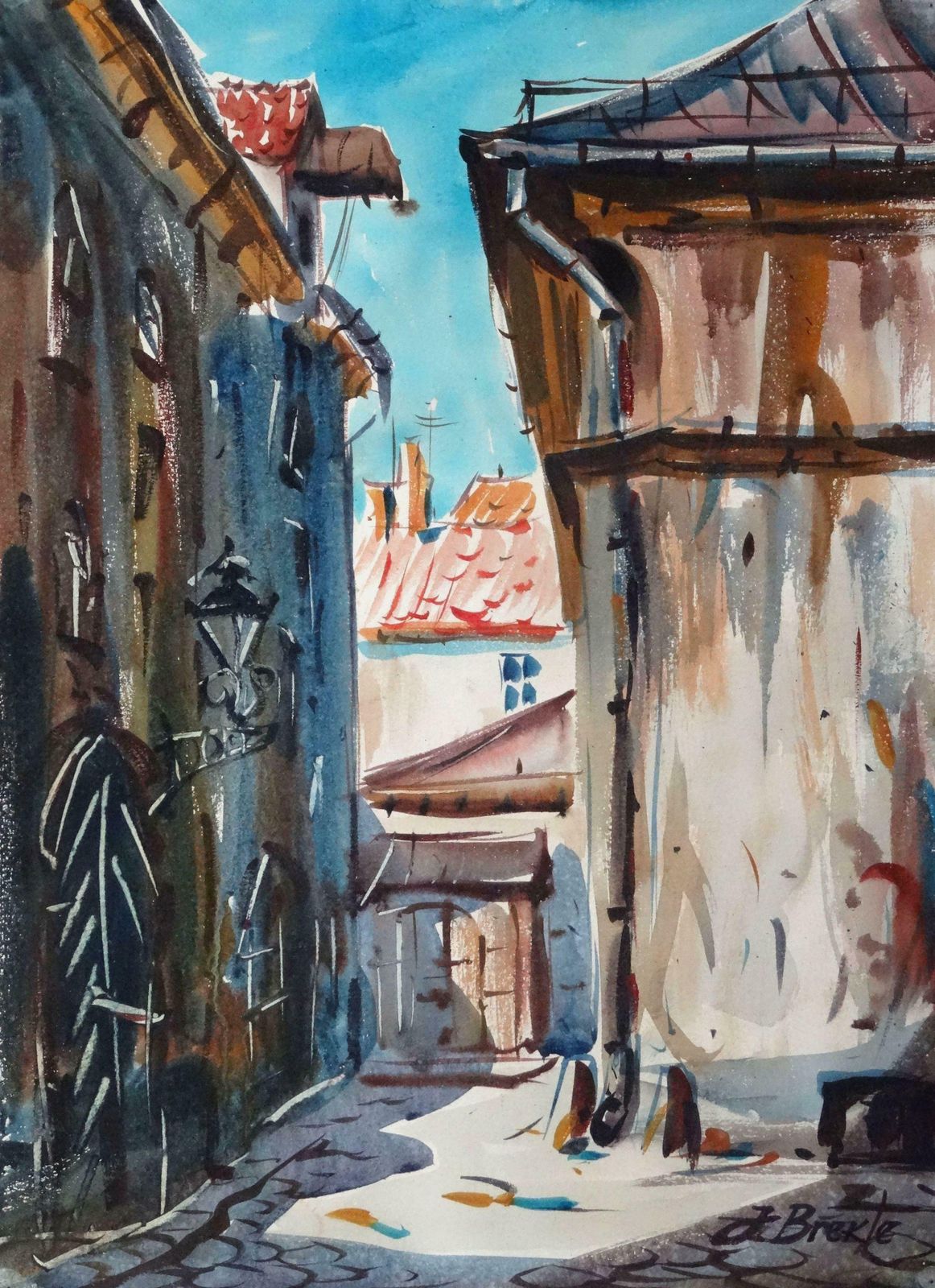 Janis Brekte Sunny Day In Old Riga. Paper, Watercolor, 42x30, 5 Cm