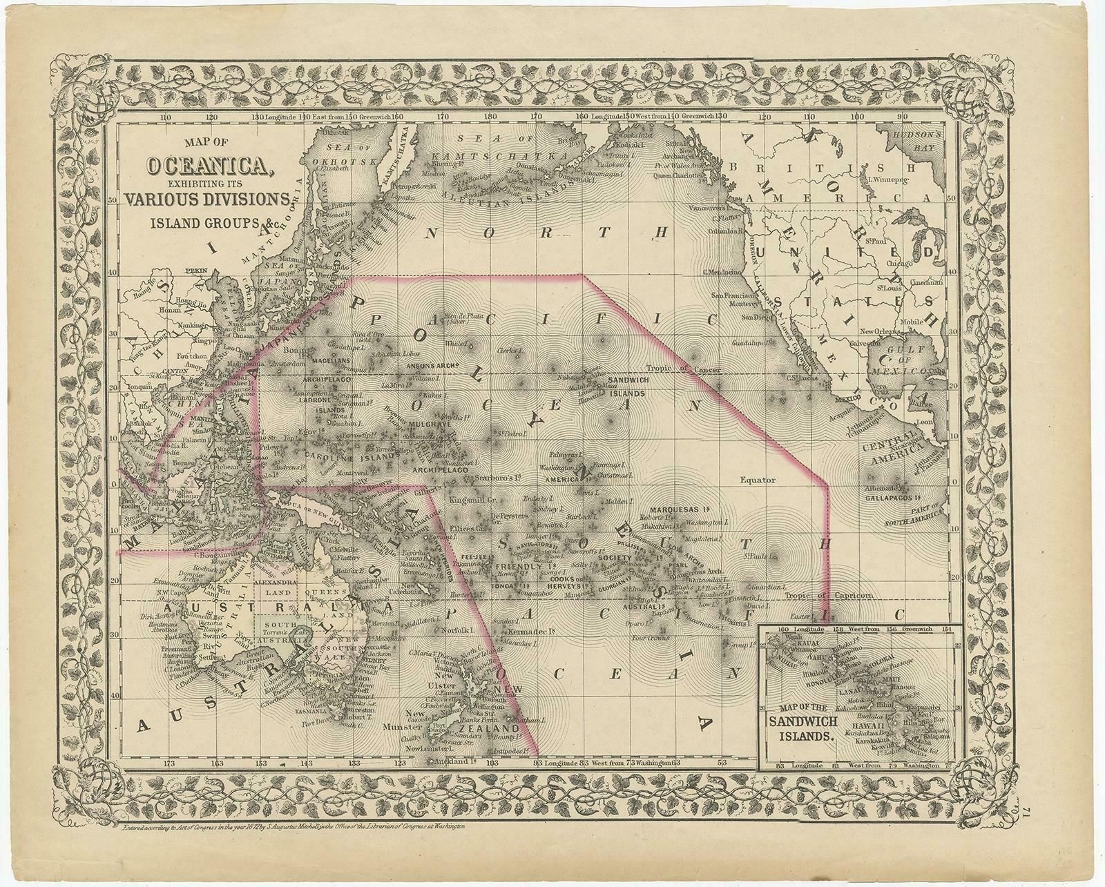 Old Map Of The Pacific, Incl Australia, Polynesia, Melanesia And Malaysia, 1872 photo for sale