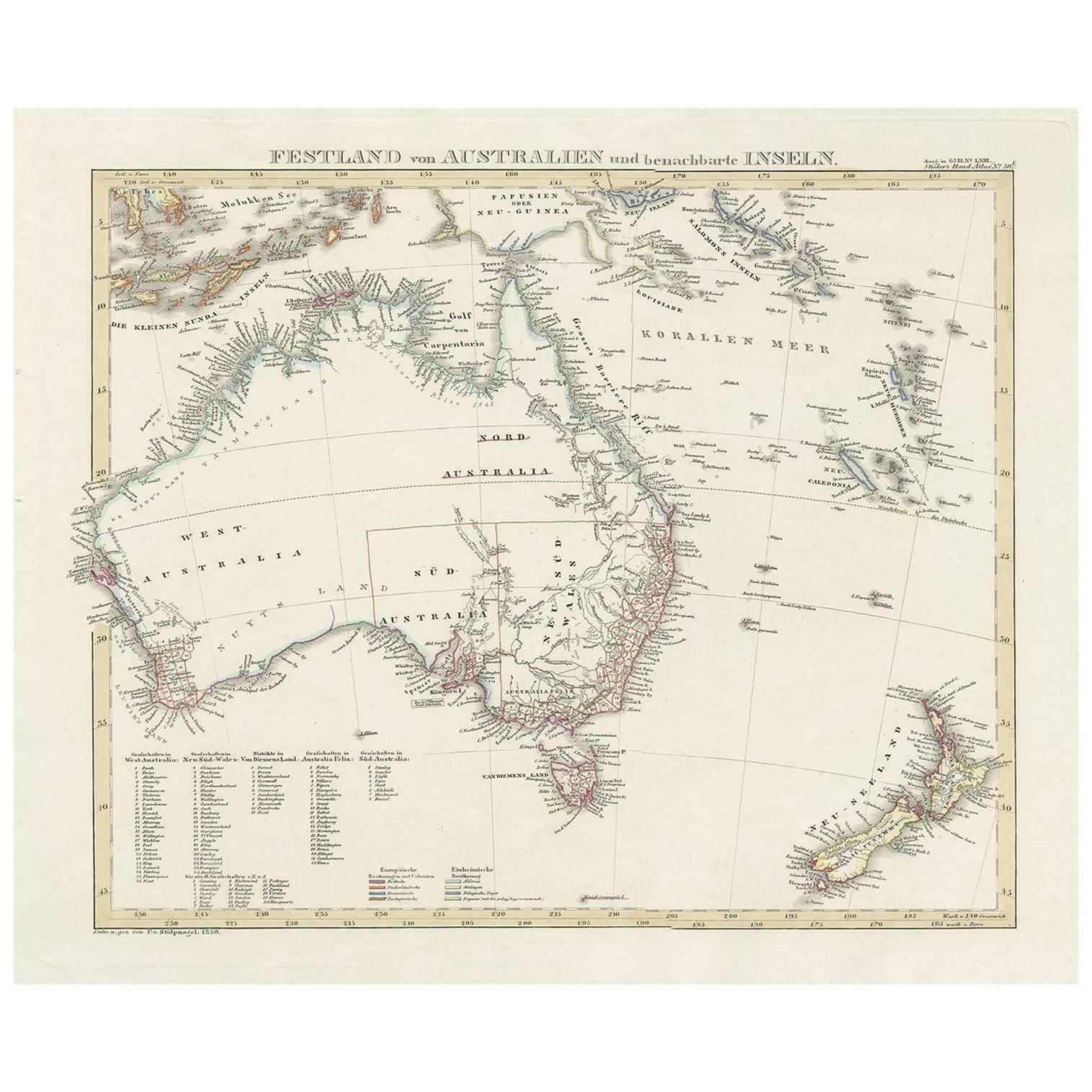 Antique Map Of Australia And Surrounding Islands By F. Von Stülpnagel, 1850