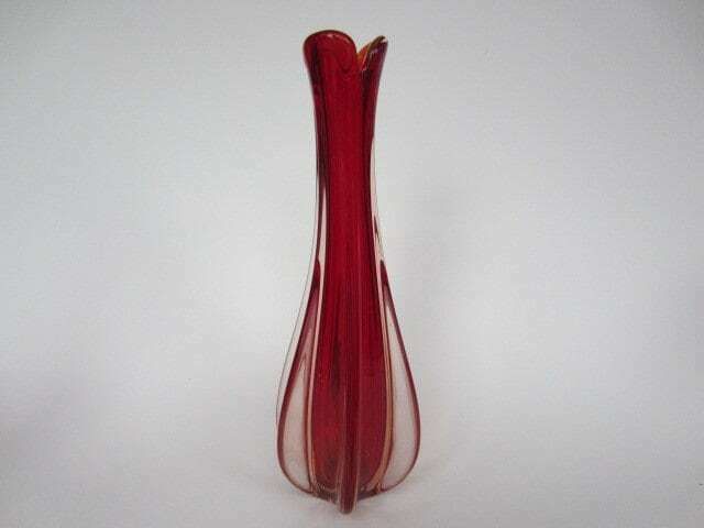 Mcm Italian Murano Bright Red And Peach Art Glass Pulled Rib Sommerso Vase C60s