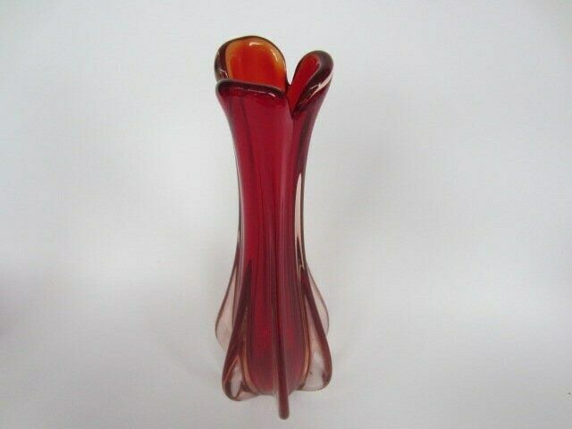 Mcm Italian Murano Bright Red And Peach Art Glass Pulled Rib Sommerso Vase C60s photo Home Decor