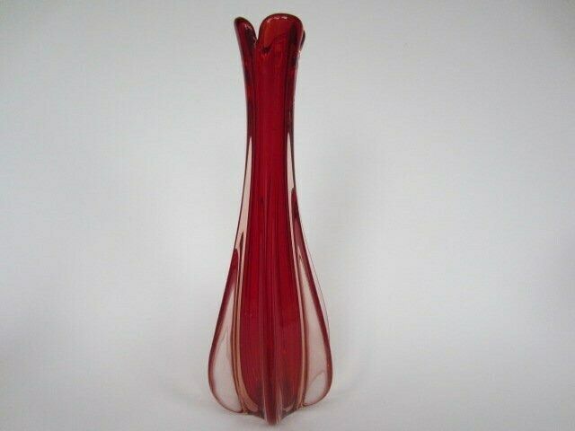 Mcm Italian Murano Bright Red And Peach Art Glass Pulled Rib Sommerso Vase C60s photo vinterior