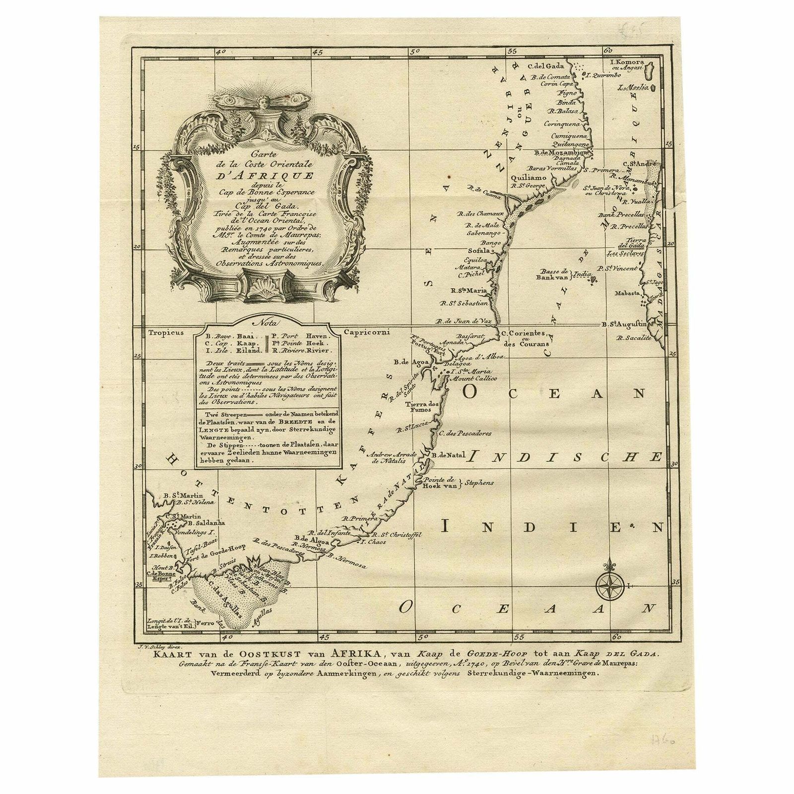 Original Detailed Antique Map Of The East Coast Of Africa, 1747