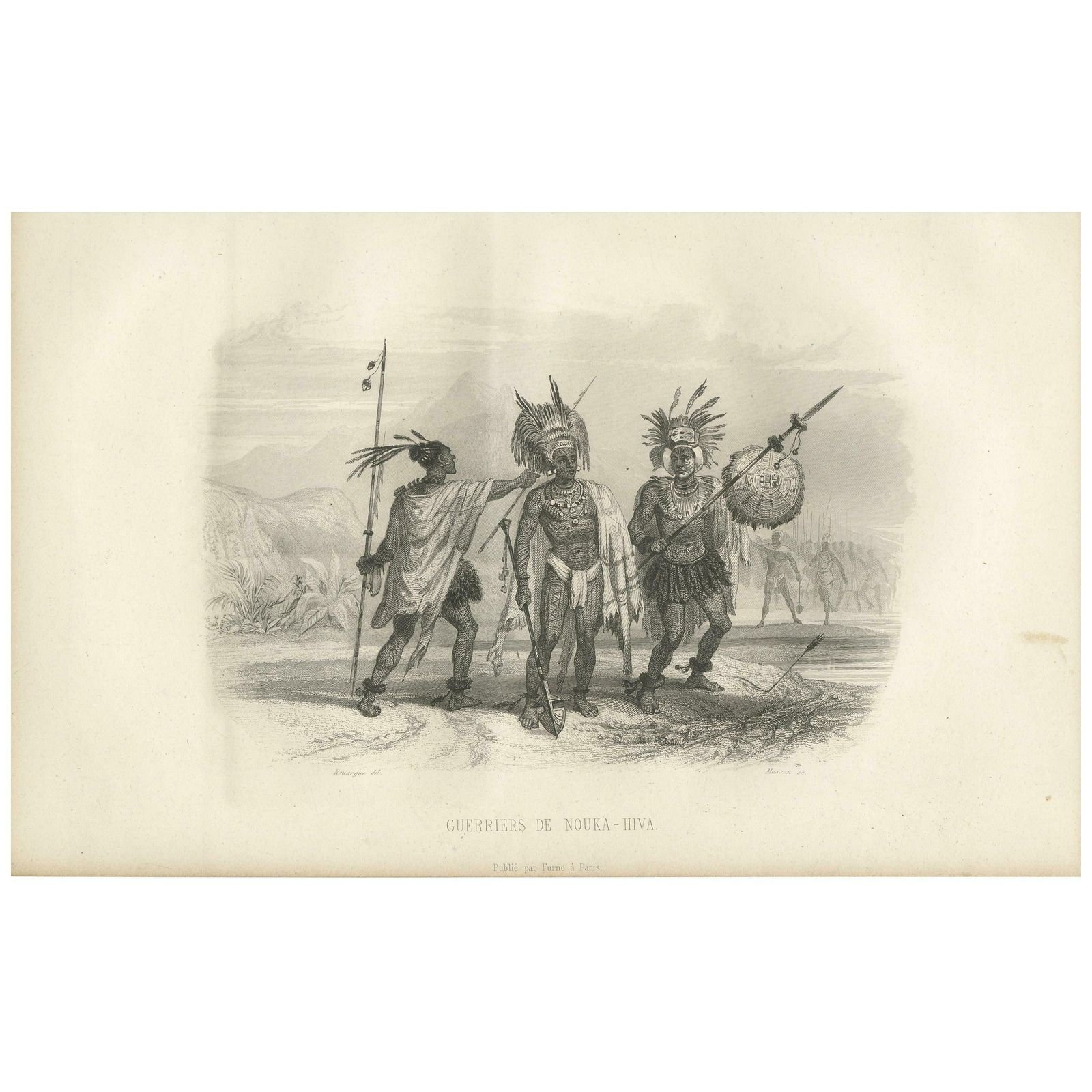 Antique Print Of Warriors Of Nuka Hiva By D'urville (1853)