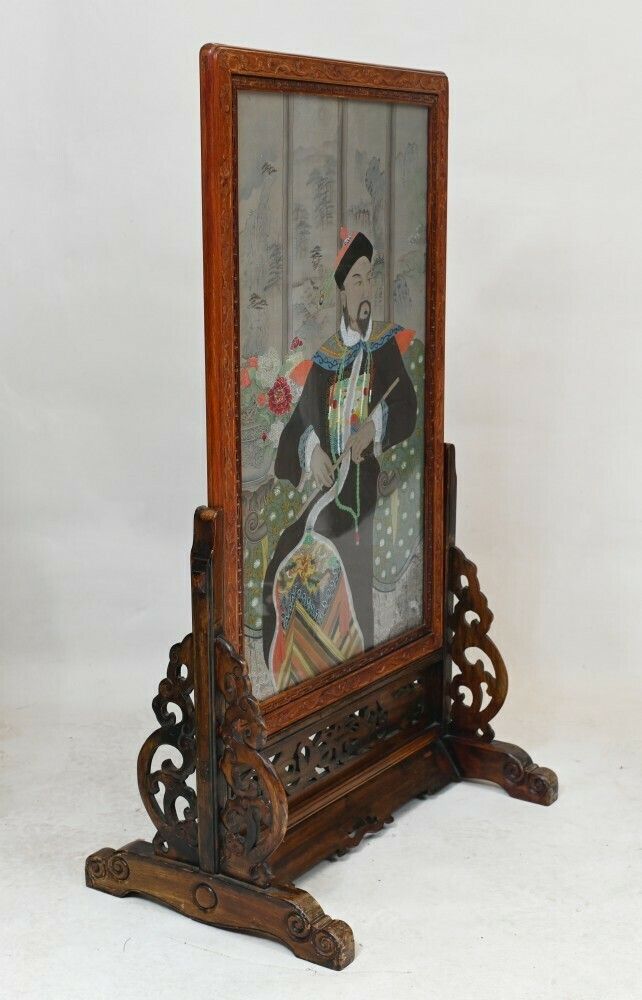 Pair Chinese Silk Woven Hardwood Screens Antique 1840 Qianlong Emperor photo vinterior