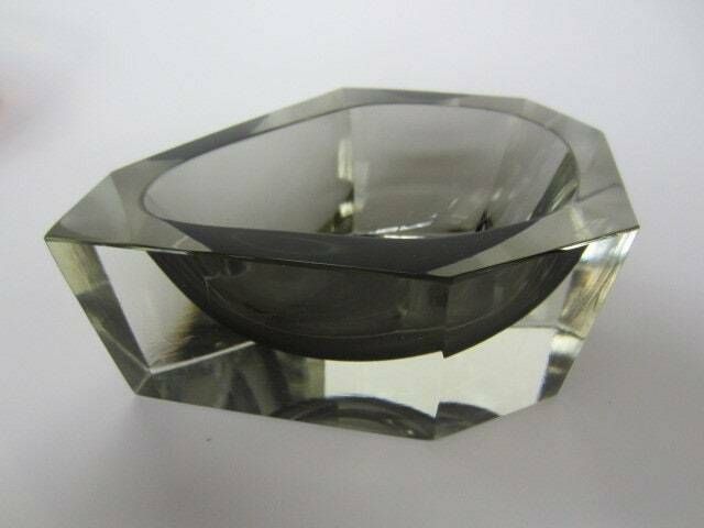 Rare Extra Large Faceted Smokey Grey Murano Geometric Art Glass Mandruzzato Bowl photo buy