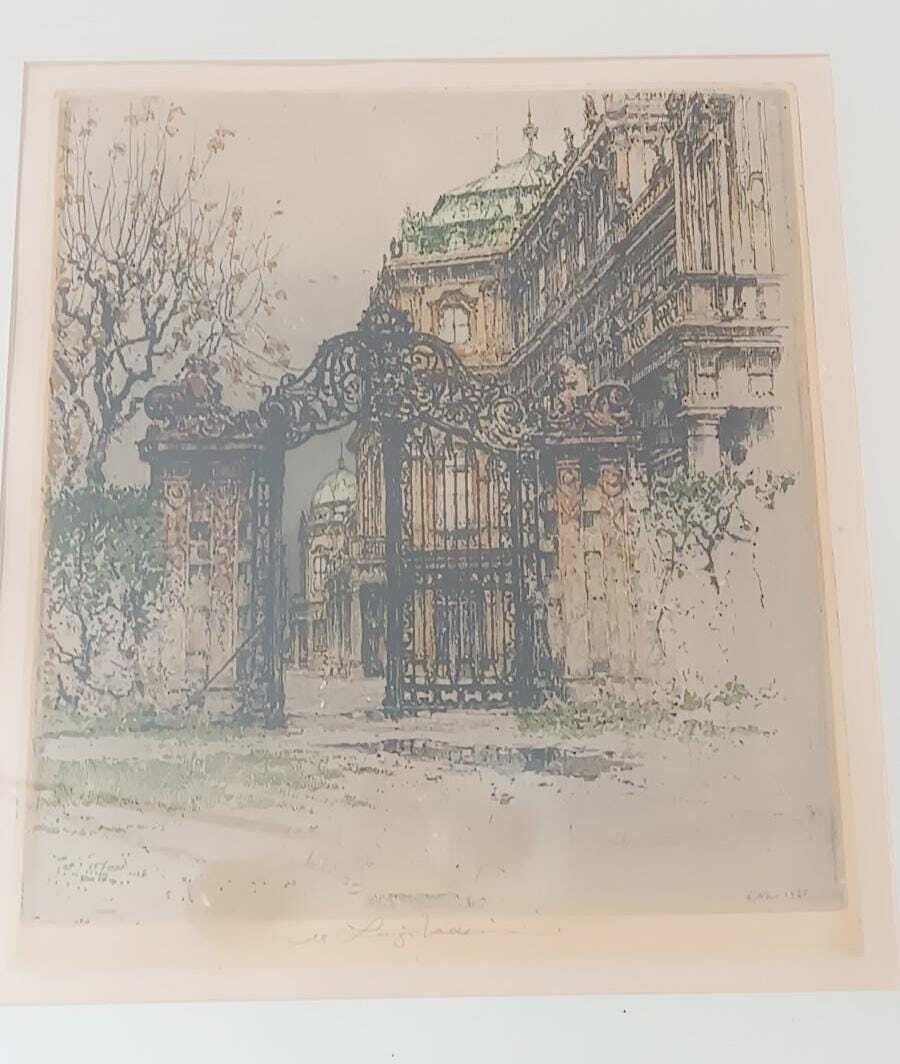 Luigi Kasimir Color Engraving Belvedere Palace Gate Austria Framed Painting 1920s 30s photo furniture