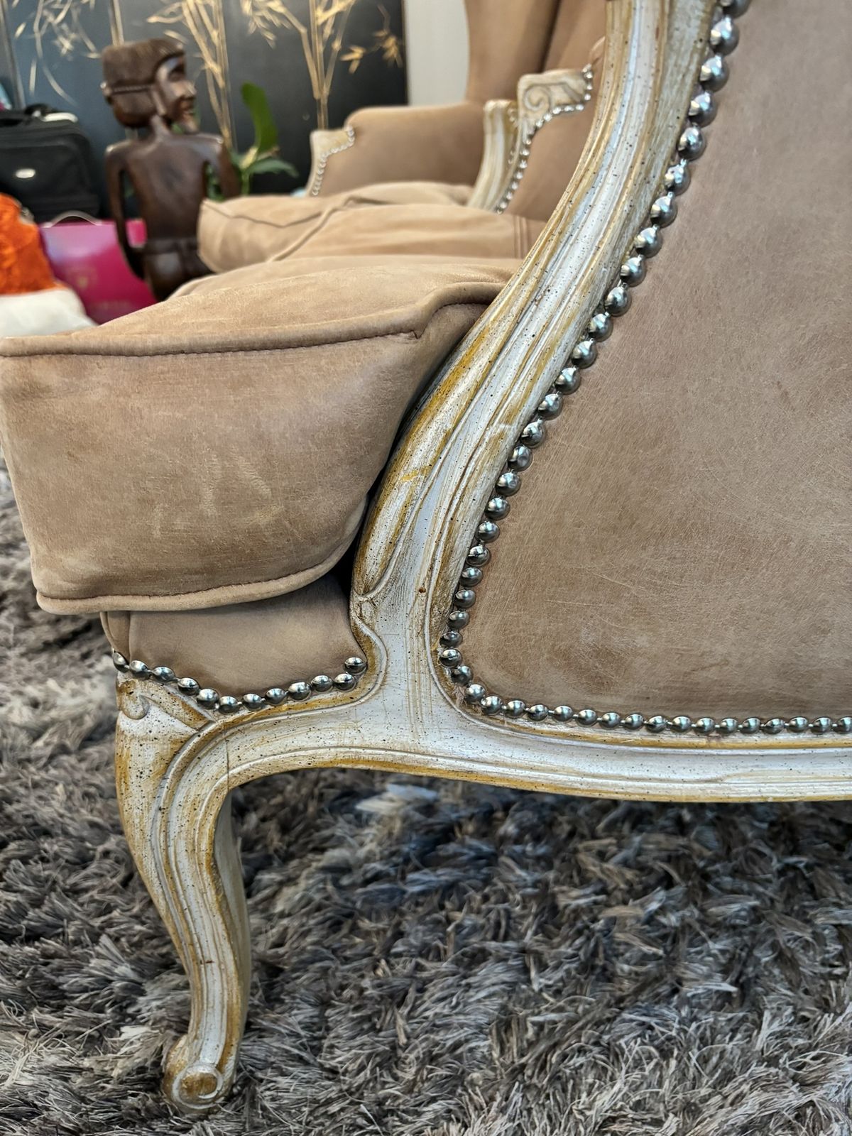 Two Treated Suede Studded Stylish Armchairs By Andrew Martin photo vintage