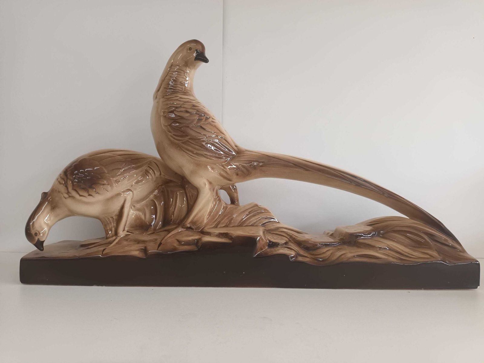 Art Deco Vintage Pheasants Statue Ceramic St Clement Radegonde French 1930 Decorative Large
