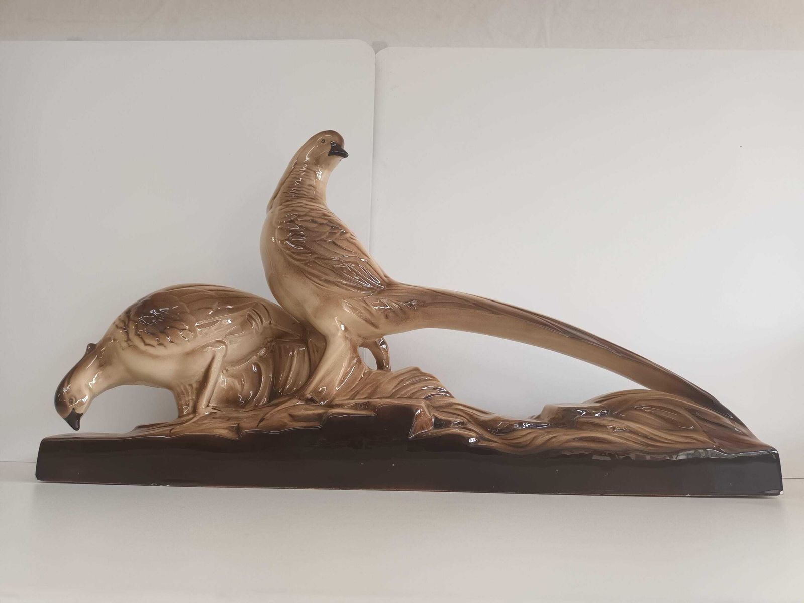 Art Deco Vintage Pheasants Statue Ceramic St Clement Radegonde French 1930 Decorative Large photo furniture