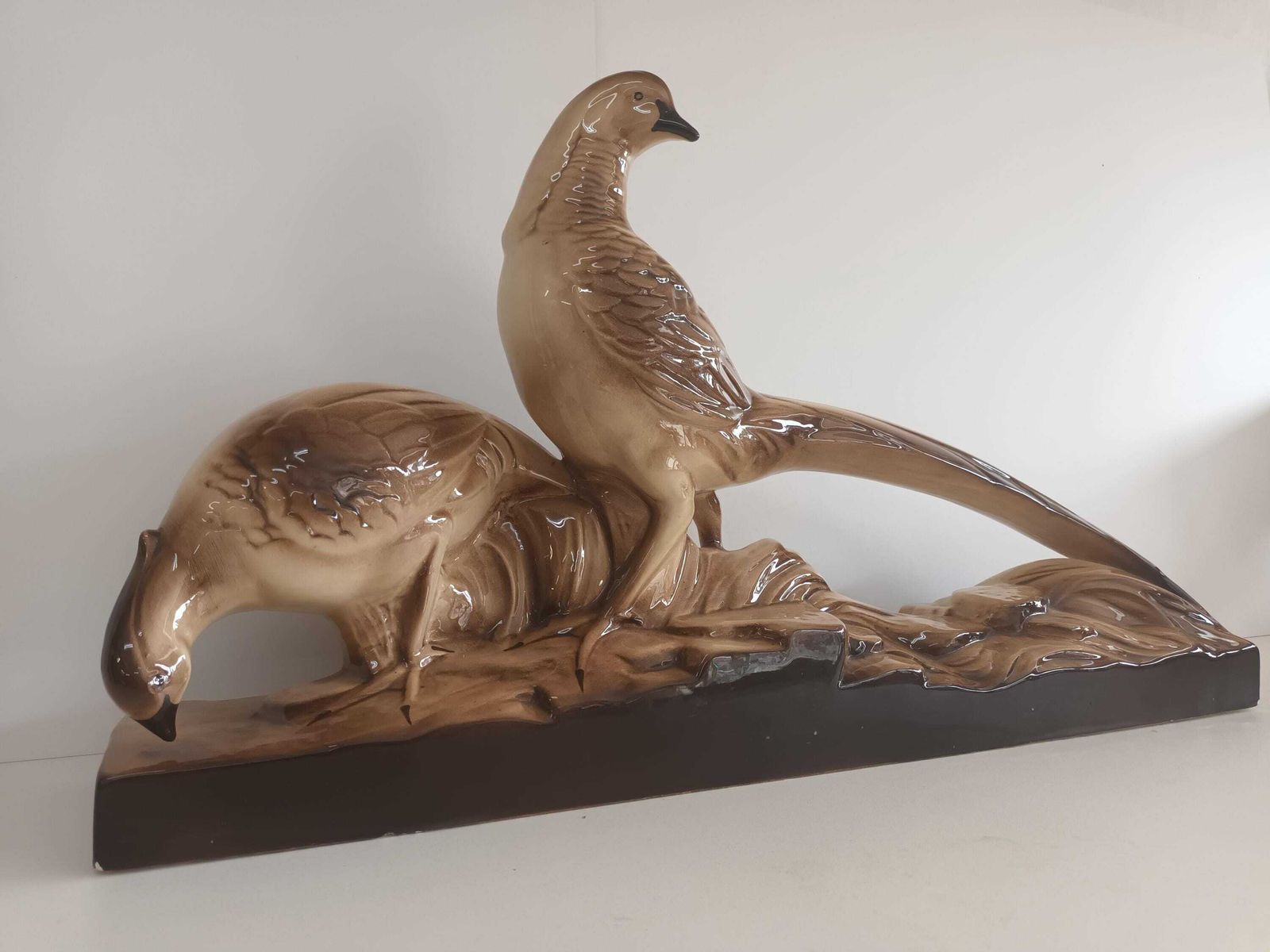 Art Deco Vintage Pheasants Statue Ceramic St Clement Radegonde French 1930 Decorative Large photo for sale