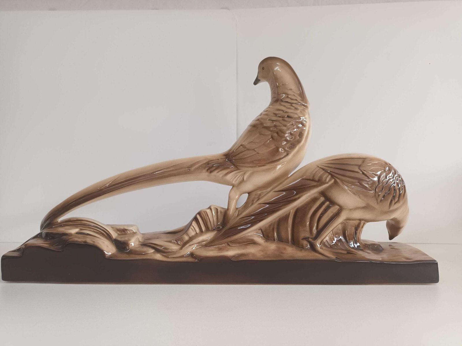 photo for sale Art Deco Vintage Pheasants Statue Ceramic St Clement Radegonde French 1930 Decorative Large