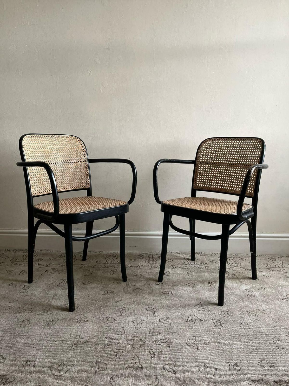 Pair Of Josef Hoffmann Chairs For Thonet Model 911 With Black Bentwood Frame And Cane Seats