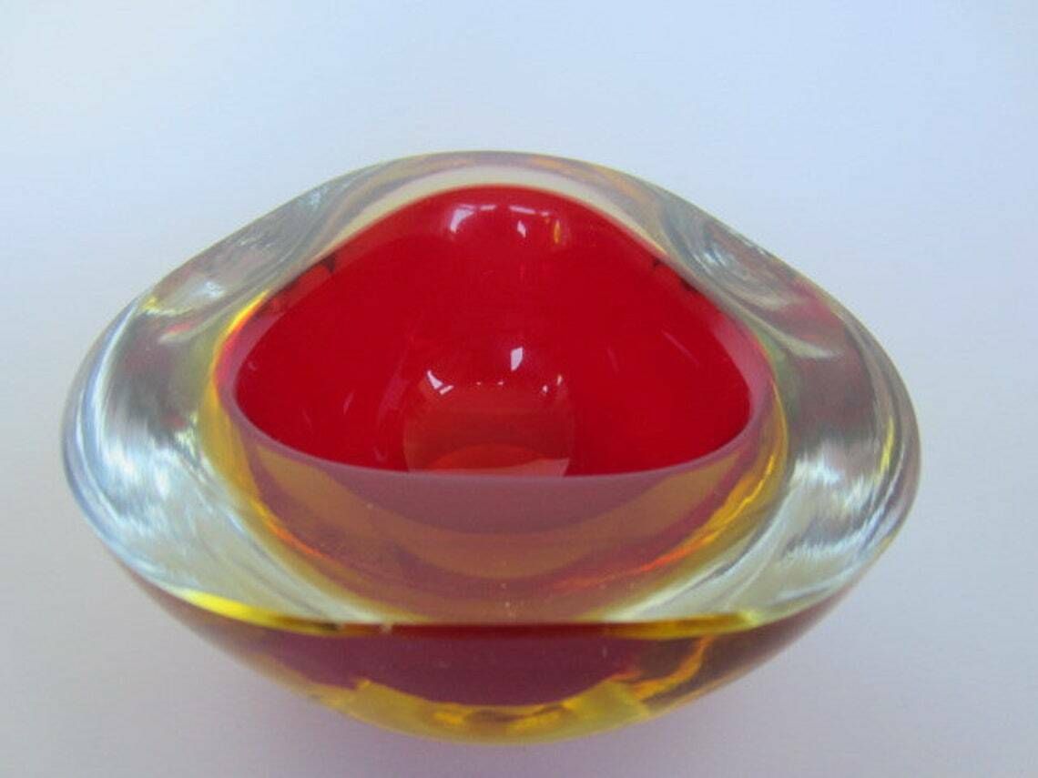 Murano Poli Seguso Era Triangle Submerged Geode Bowl Cherry Red And Golden Amber