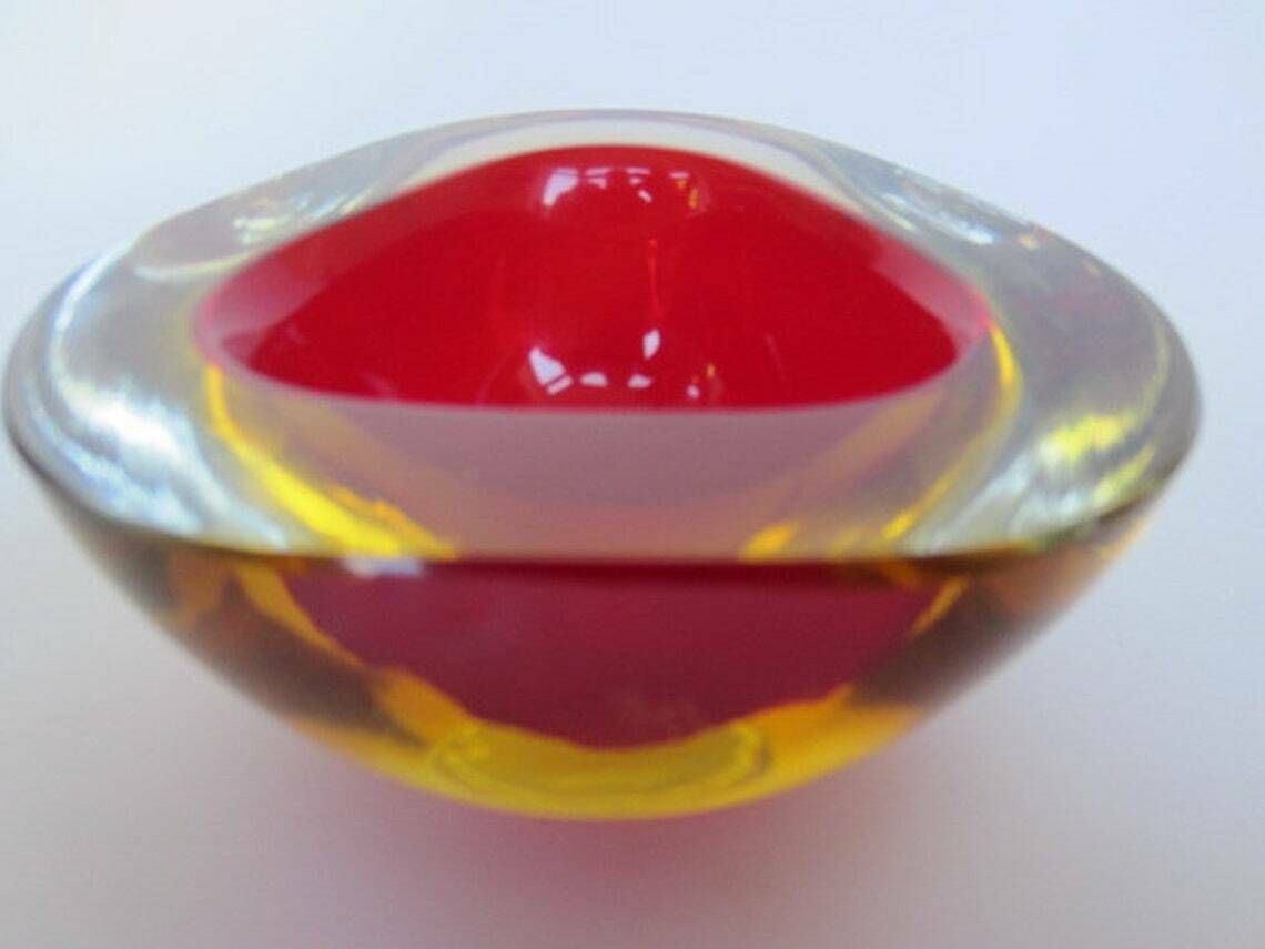 Murano Poli Seguso Era Triangle Submerged Geode Bowl Cherry Red And Golden Amber photo for sale