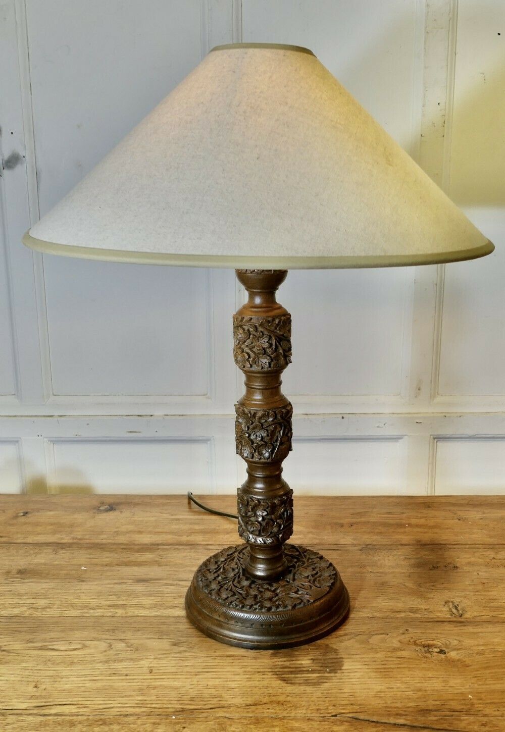 A Pair Of Teak Carved Tree Of Life Table Lamps photo for sale
