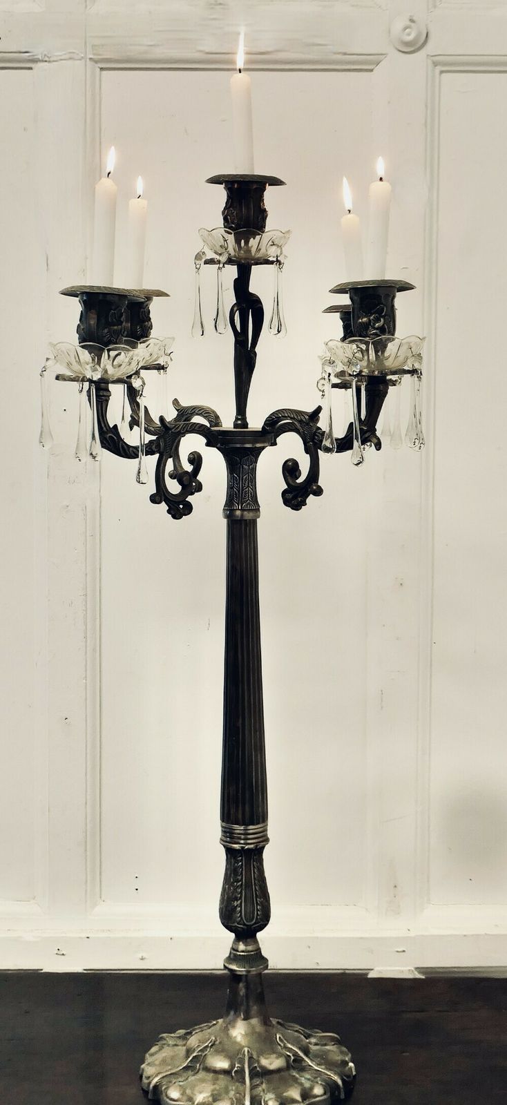 Art Nouveau French Silver Metal And Crystal 5 Branch Candelabra photo furniture