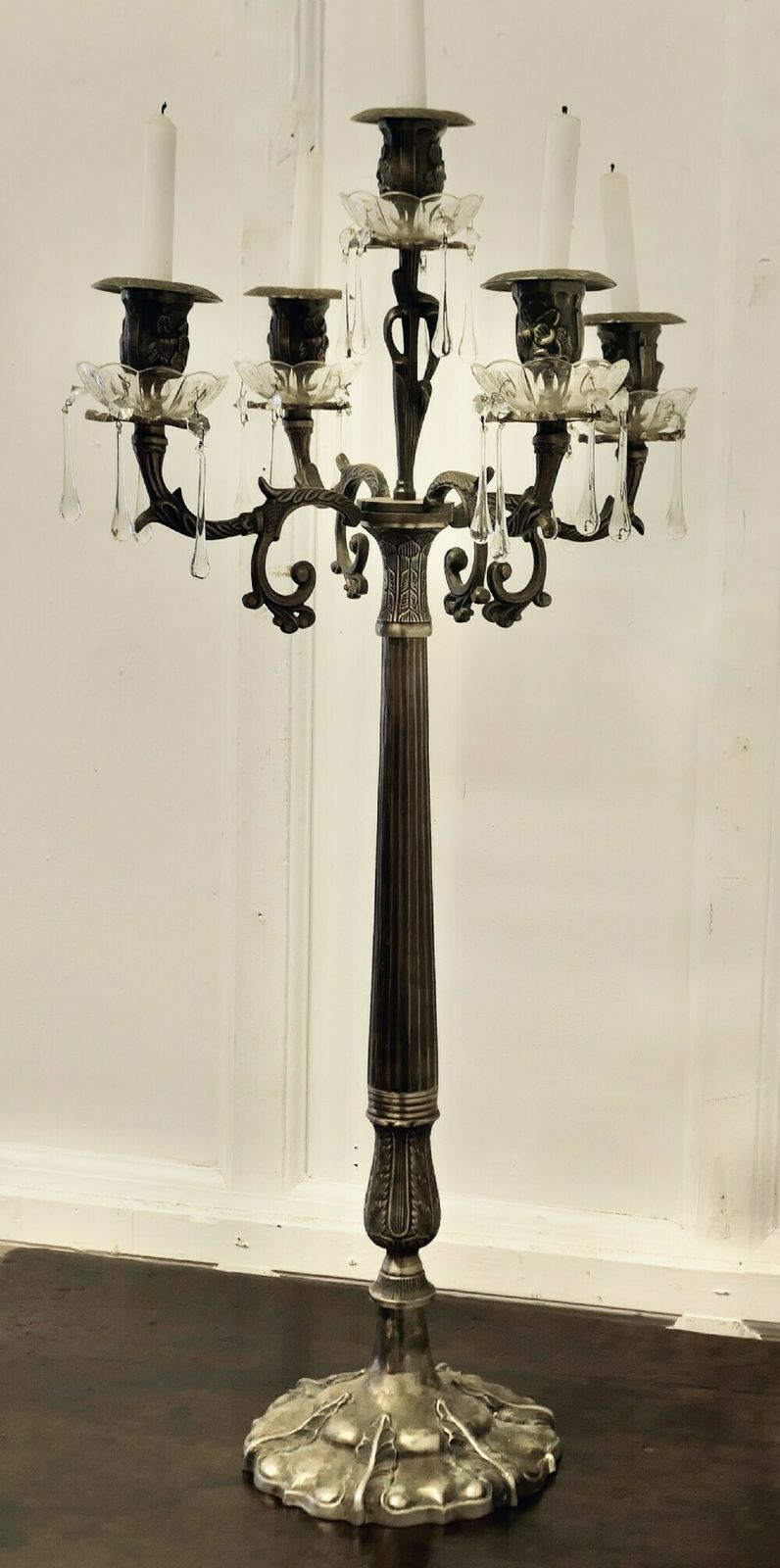 Art Nouveau French Silver Metal And Crystal 5 Branch Candelabra photo for sale