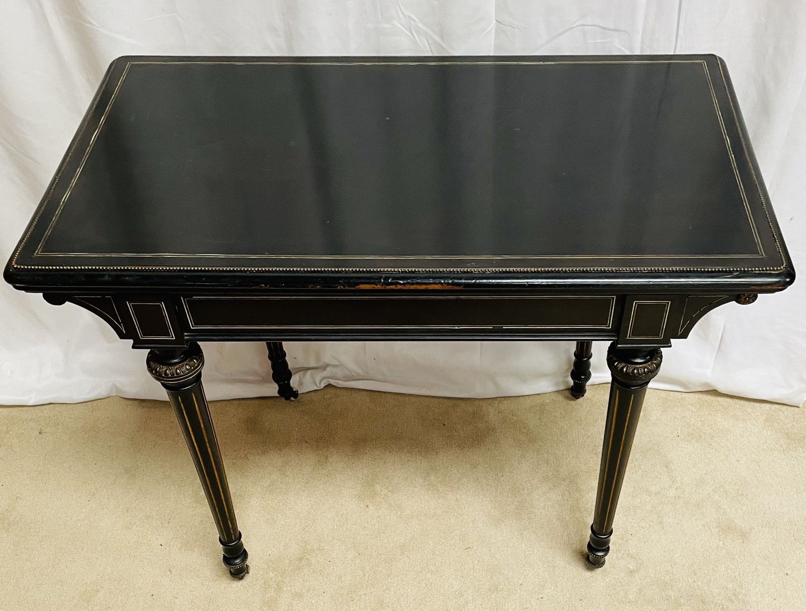 325.0 Fabulous Victorian Aesthetic Period Ebonised Concertina Drawer Pull Fold Over Card Table photo