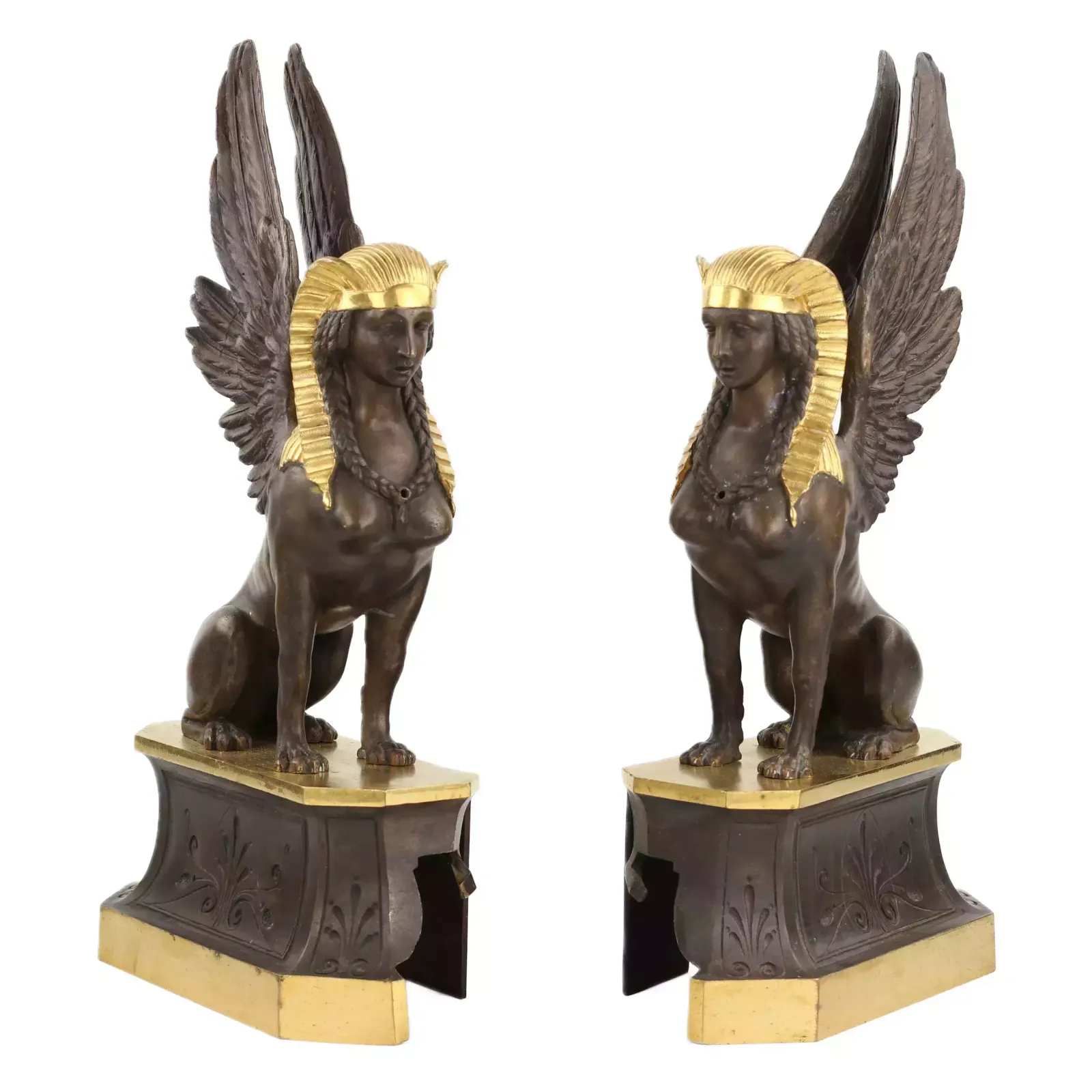 A Pair Of Patinated And Gilded Bronze Firewood Stands In The Shape Of Winged Sphinxes. 19th Century. photo furniture