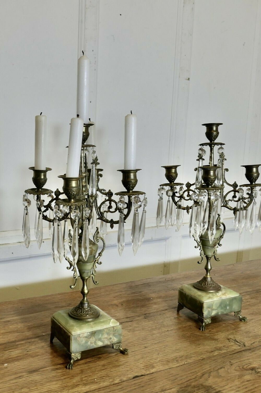 A Pair Of Green Marble And Brass 5 Branch Candelabra photo Home Decor