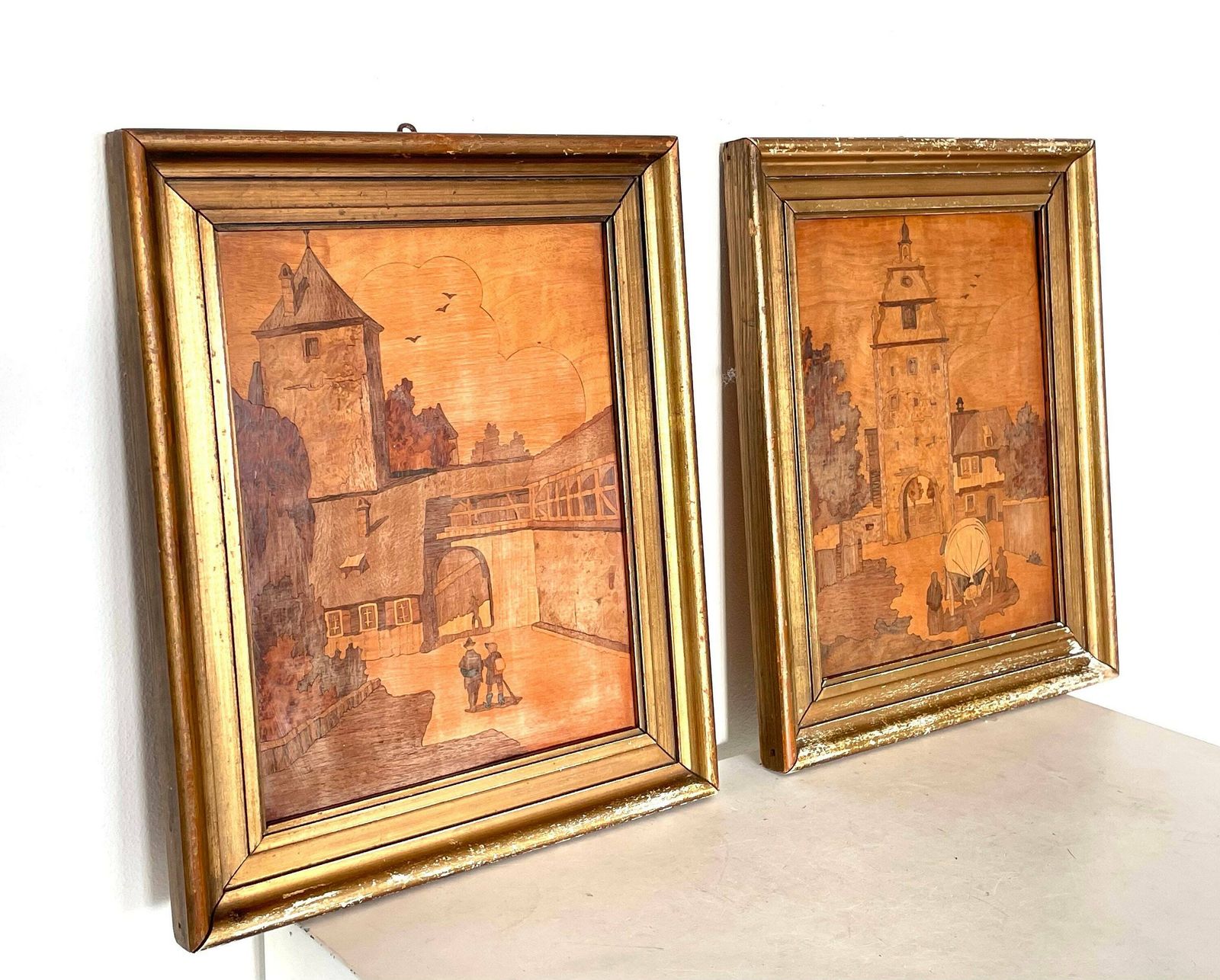 Vintage Insertia Marquetry Wooden Artworks From The Mid Century With Motive Of Lively Towns And Church photo furniture